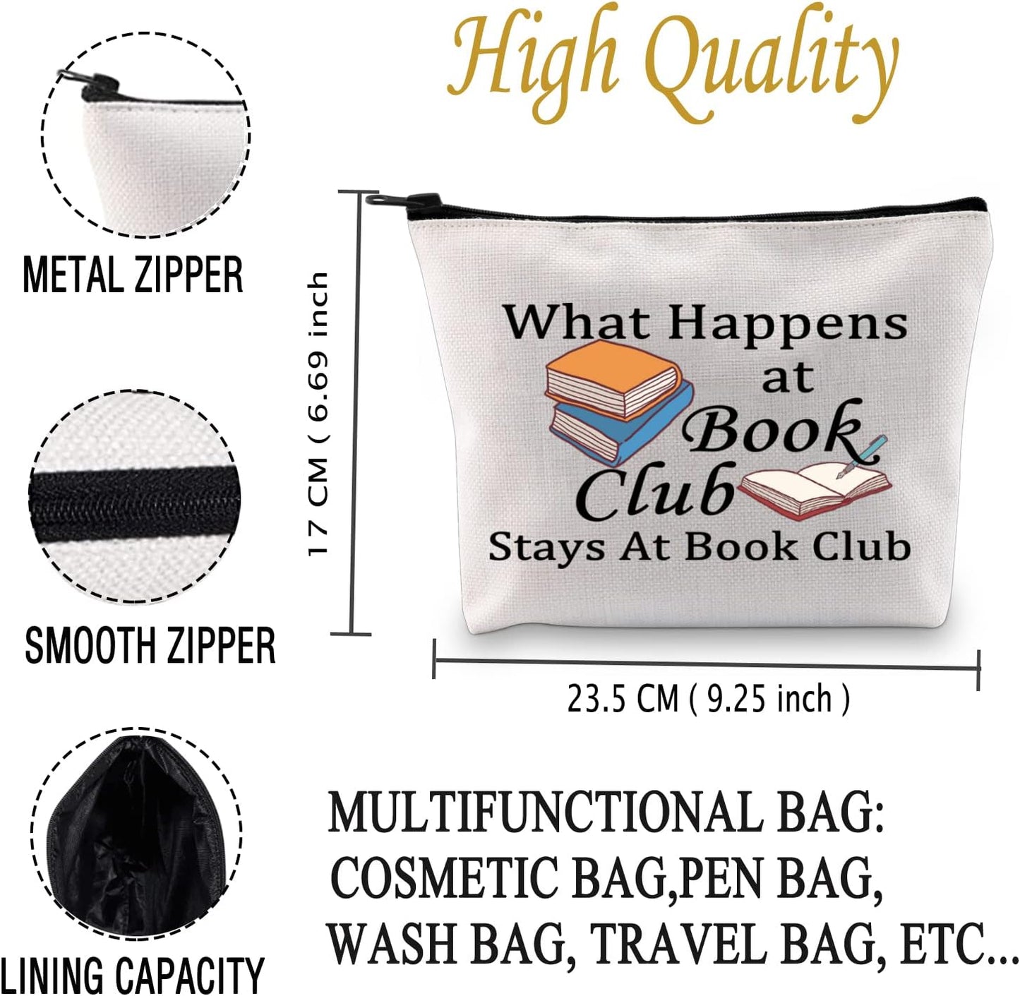 JXGZSO Book Lover Storage Bag What Happens at Book Club Stays At Book Club Zipper Pouch Gifts For Bookworm (What Happens at Book Club)