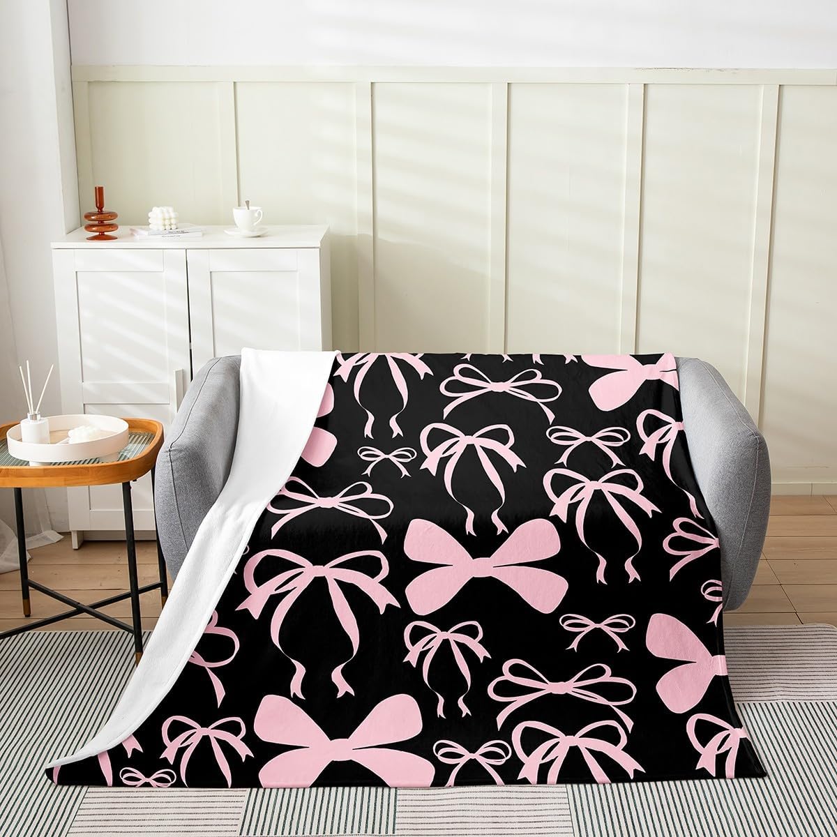 Feelyou Bow All Season Bed Blanket Boys Girls Throw 50"x60" Black Pink Girls Bow Plush Throw Blanket for Kids Women Men Ultra Soft Cute Bowknot Flannel Fleece Blanket Kawaii Bow Blanket