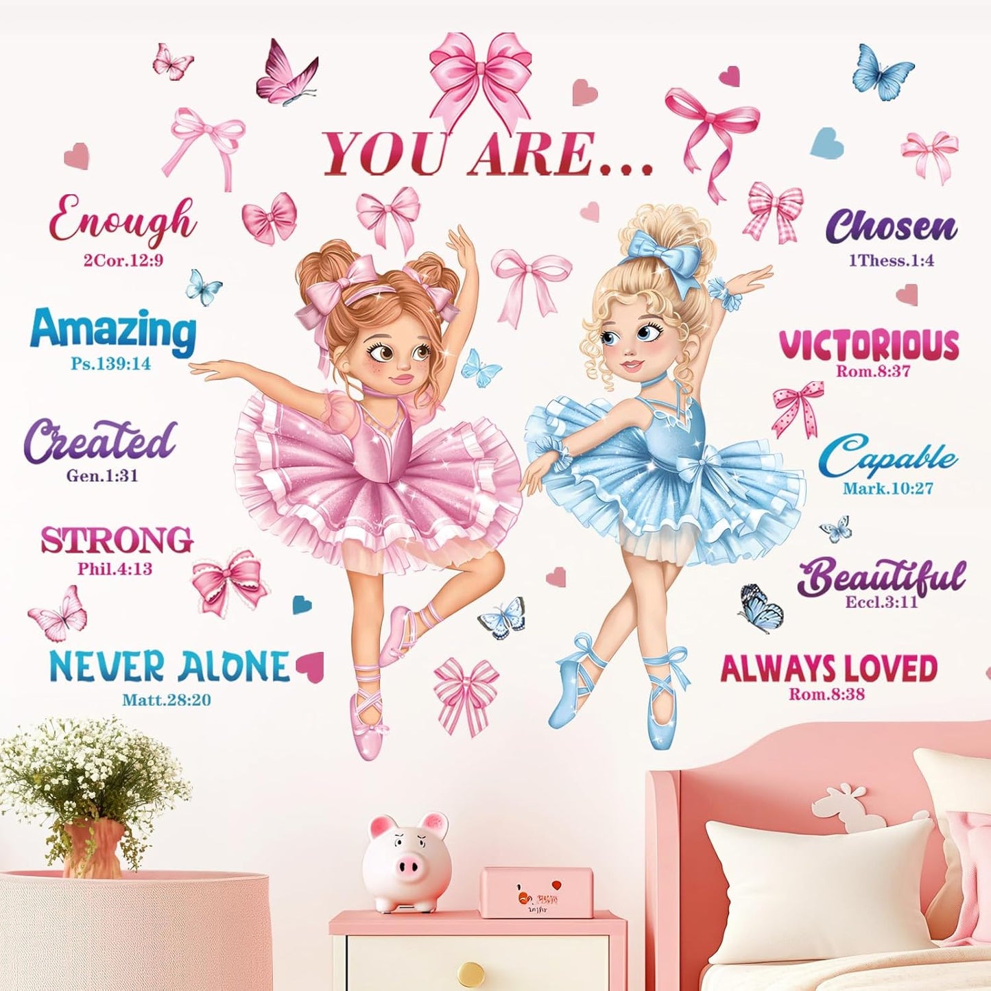 decalmile Pink Dancing Girl Ballerina Wall Stickers Inspirational Saying Butterfly Wall Decals Baby Nursery Bedroom Girls Room Wall Decor