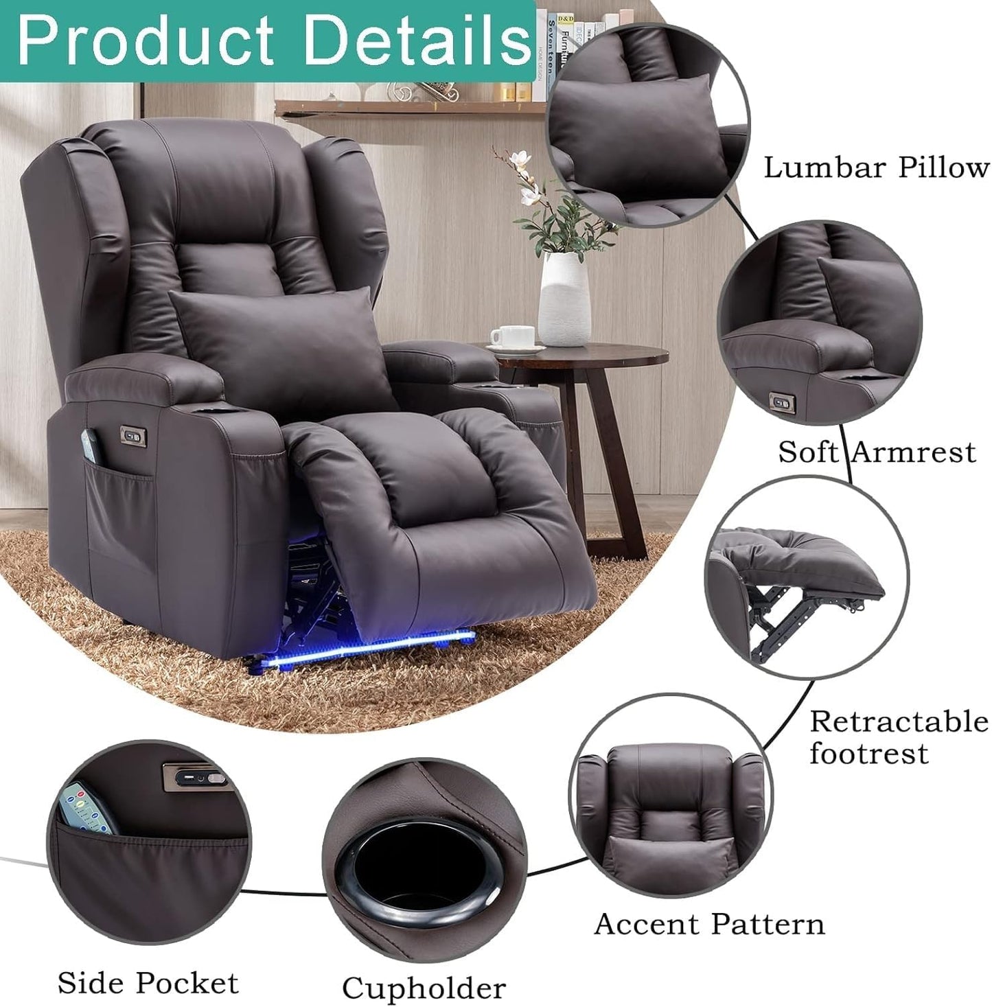 Power Lift Recliner Chair for Elderly, Electric Recliner Sofa with Heat and Massage, PU Leather Power Recliner Chair with USB Port, Cup Holders, Adjustable Reclining Chair