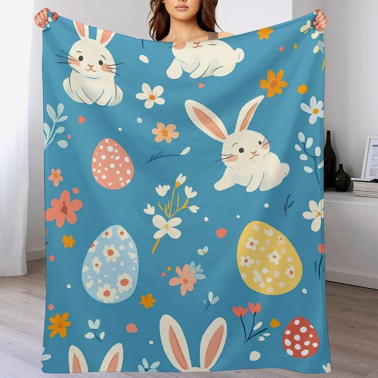Easter Rabbits Throw Blanket for Couch Bed Plush Cozy Fuzzy Flannel Blanket for All Season 55"x70"