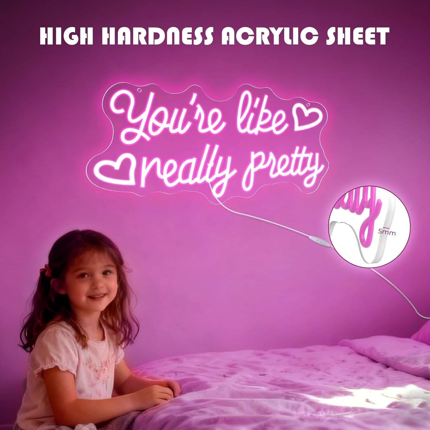 You're Like Really Pretty Neon Sign, 16.5 * 7.8 Inches Led Sign, Neon Signs for Wall Decor with Dimmable Switch, USB Power Light up Sign, Pink Neon Lights for Teen Girls Bedroom, Salon, Party