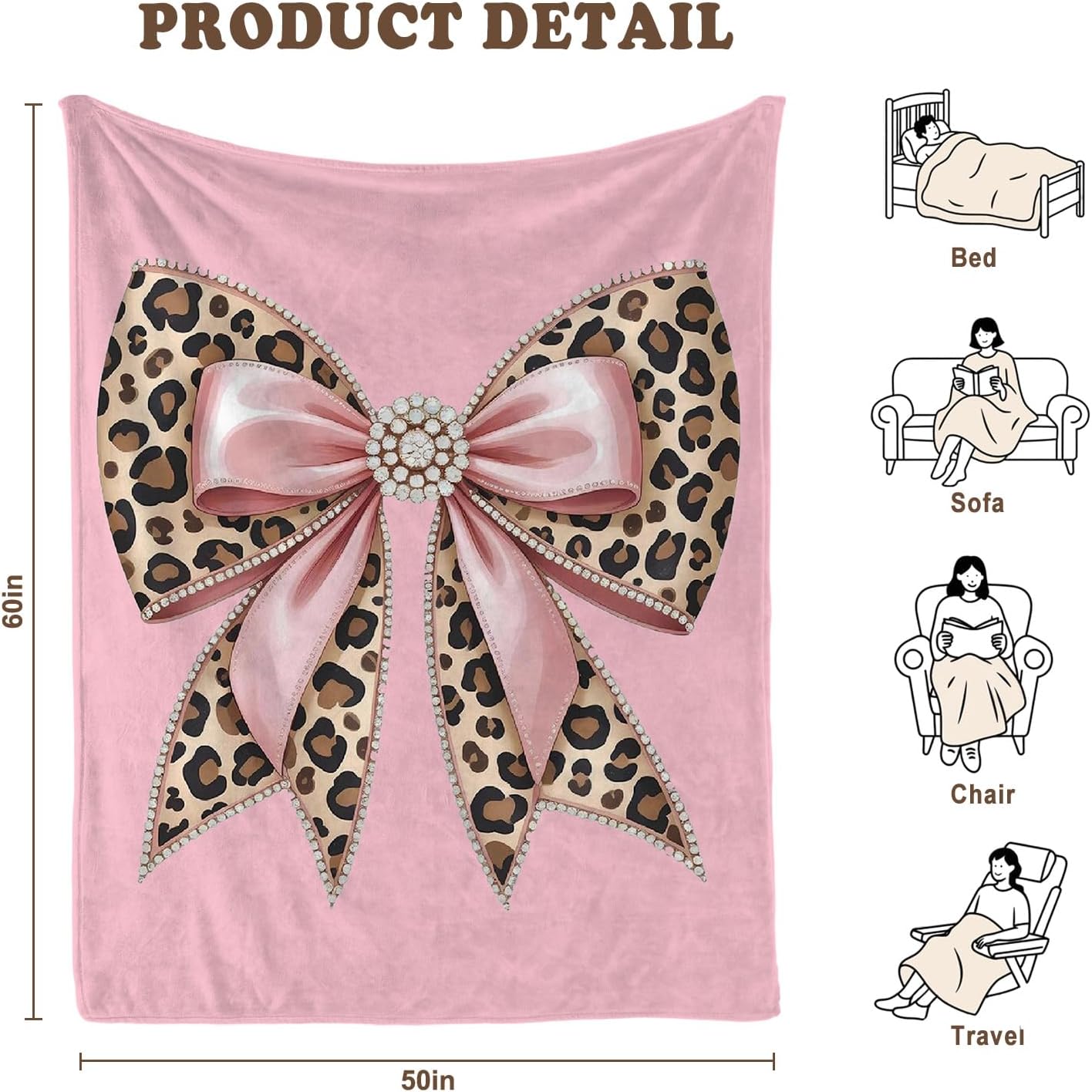 Trendy Pink Cheetah Print Bow Throw Blanket, Pink Coquette Room Decor, Funky Y2k Girly Leopard Blanket for Girls Dorm Home Bedroom Living Room Couch Bed Sofa Decoration, 50x60 Inches