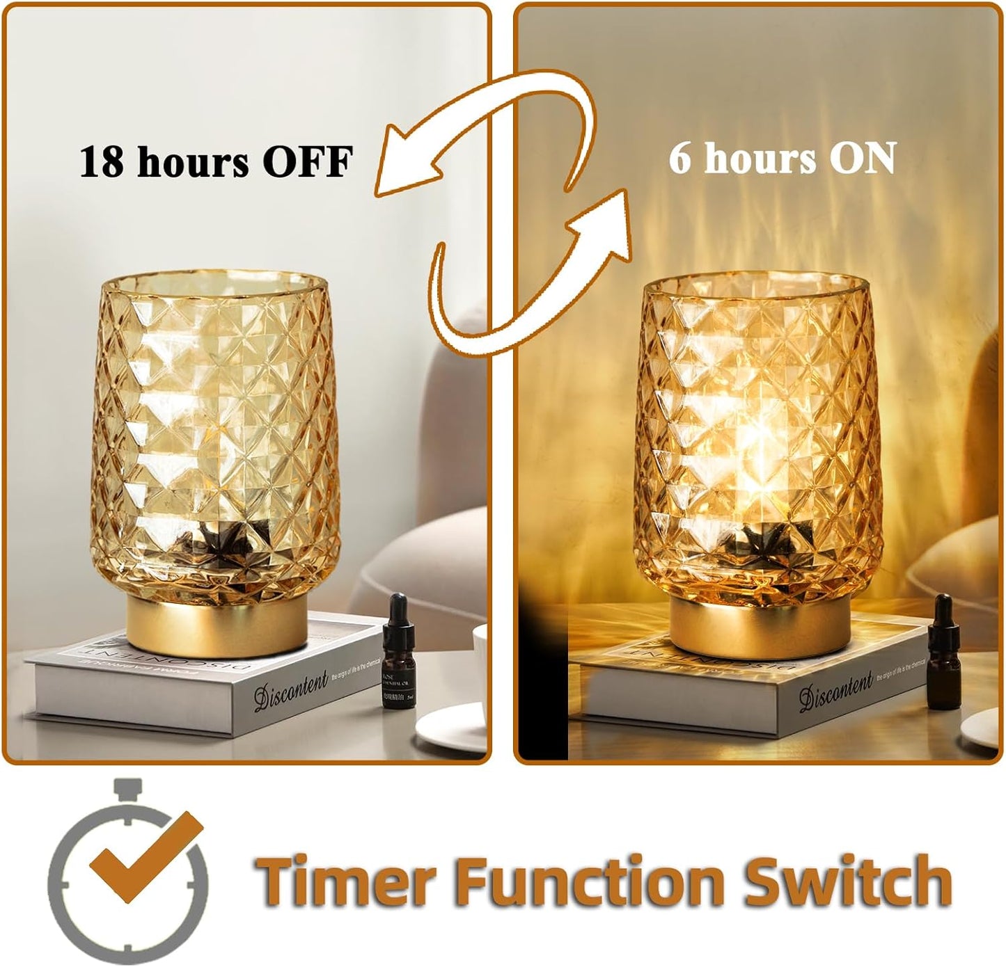 MJ PREMIER Battery Operated Lamp with Timer Small Cordless Lamps Cordless Table Lamp Beside Lamps Modern Touch Night Light for Home Decor, Bedside, Kitchen, Shelf, Hallway, Emergency, Gift Amber