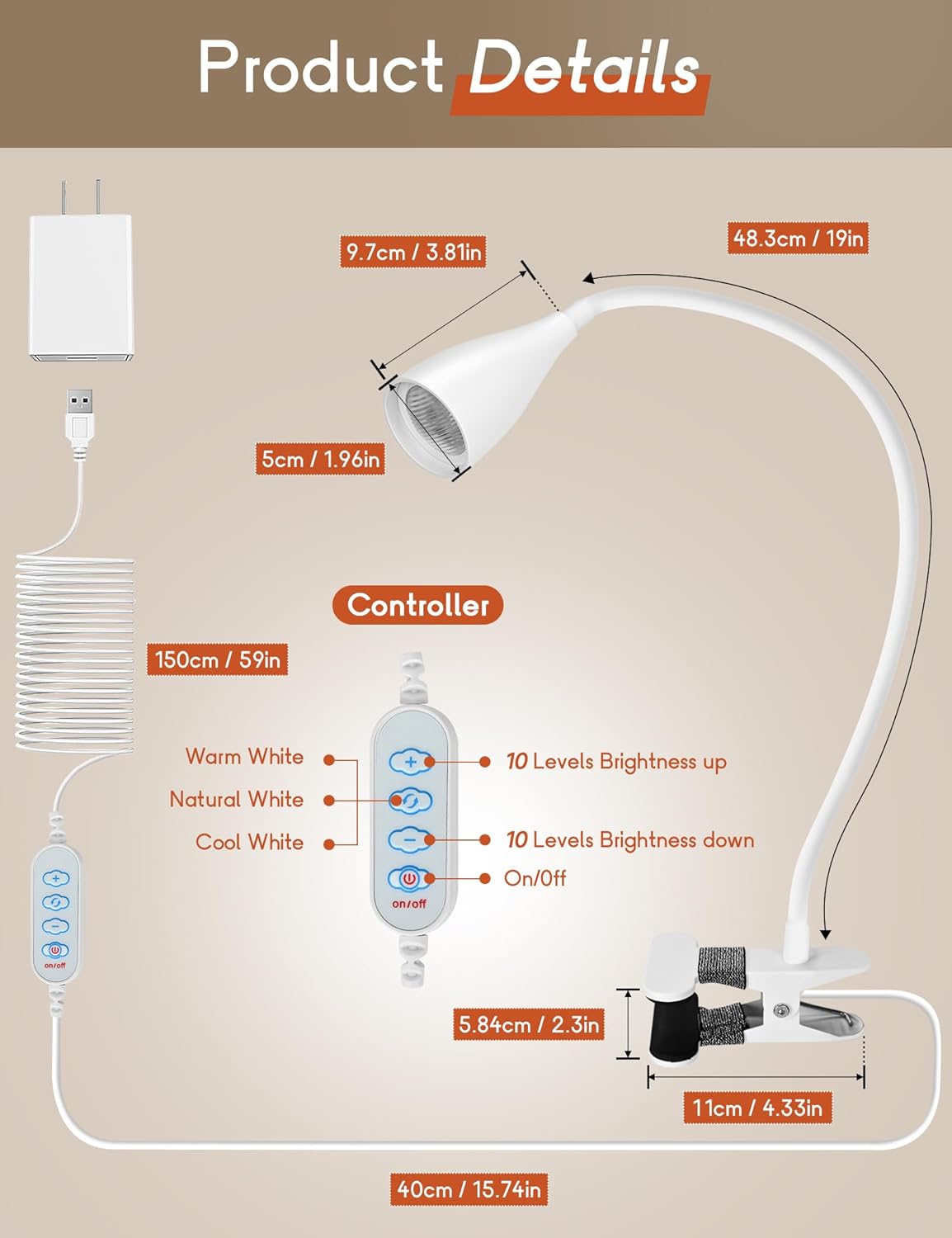 Reading Light for Book in Bed, Clip on Light Reading Lamp with Adapter, 5 Color Modes 10 Brightness, 360° Flexible Eye-Caring Clip on Desk Lamp Book Light for Reading in Bed Headboard Bedside Bedroom