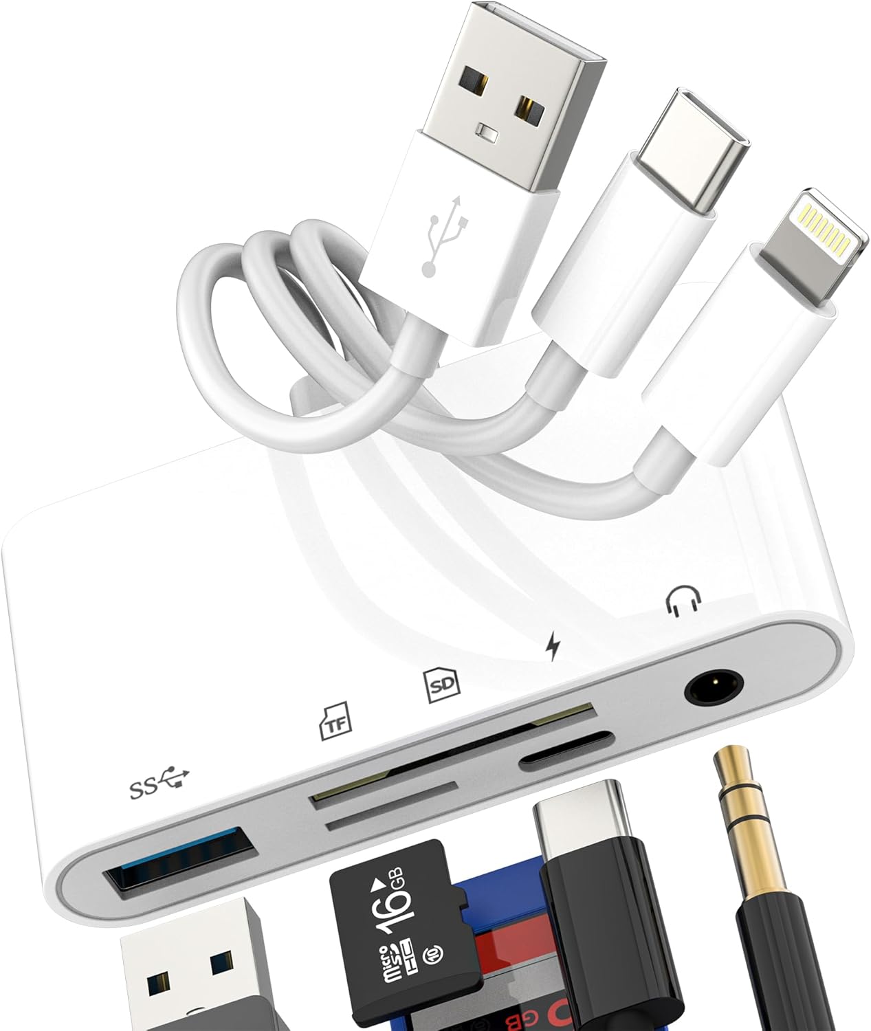 SD Card Reader Hub USB C Lightning USB to OTG 3.5mm Aux Charger TF Adapter (5in1) for iPhone 17 16 15 14 13 Pro Max Splitter Camera Computer Android Audio Charging Accessories Compatible with Samsung