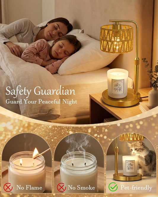 Candle Warmer Lamp with Timer, Dimmable Candle Warmer for Jar Candles, Height Adjustable Candle Lamp Warmer, Boho Rattan Lampshade and 2 Bulbs, Gift for Home Room Decor, Gifts for Women Mom (Gold)