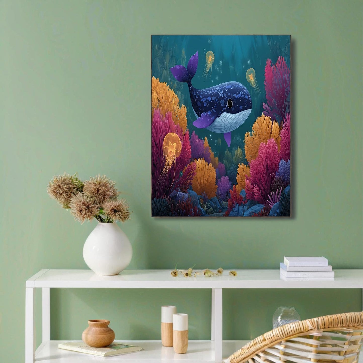 GDJSMIN Cartoon Style Wall Art, Ocean Cute Little Blue Whale Poster for Reading Room Living Room Decor 16x 24 inch Unframed