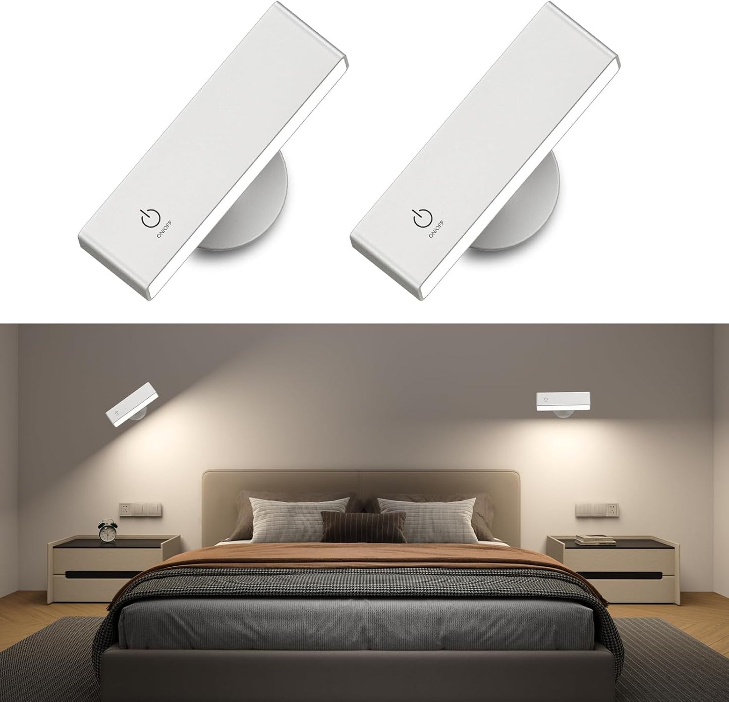 Honalia Rechargeable Wall Lights 2 Pack, Dimmable Cordless Wall Sconce with Magnetic 360° Rotation & Touch Control, Battery Powered Wall Mounted Lamp for Bedroom, Bedside Reading, Renters (No Wiring)