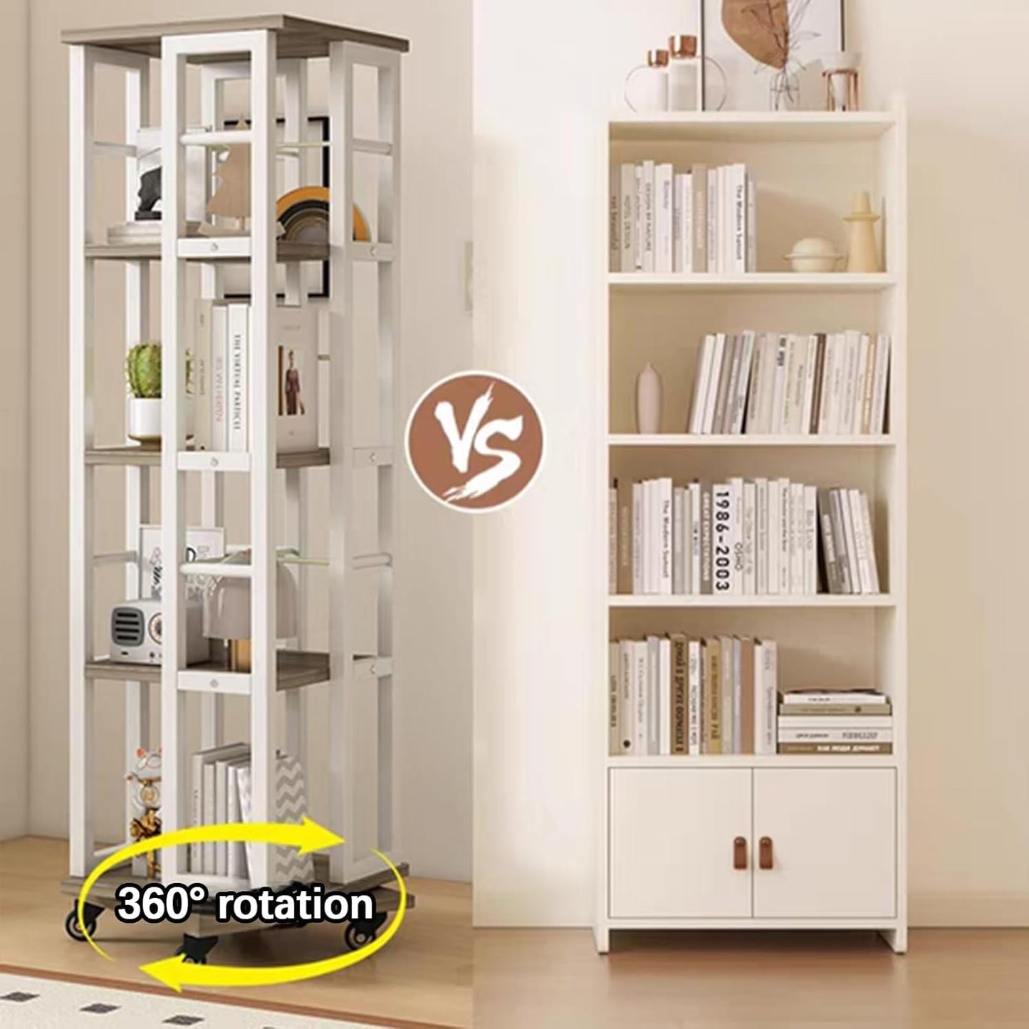 360° Rotating Bookshelf, 4 Tiers Unit Storage Display Rack with Universal Wheels, Floor Standing CD Rack, for Bedroom Living Room Home, Easy Assemble(White+Gray)