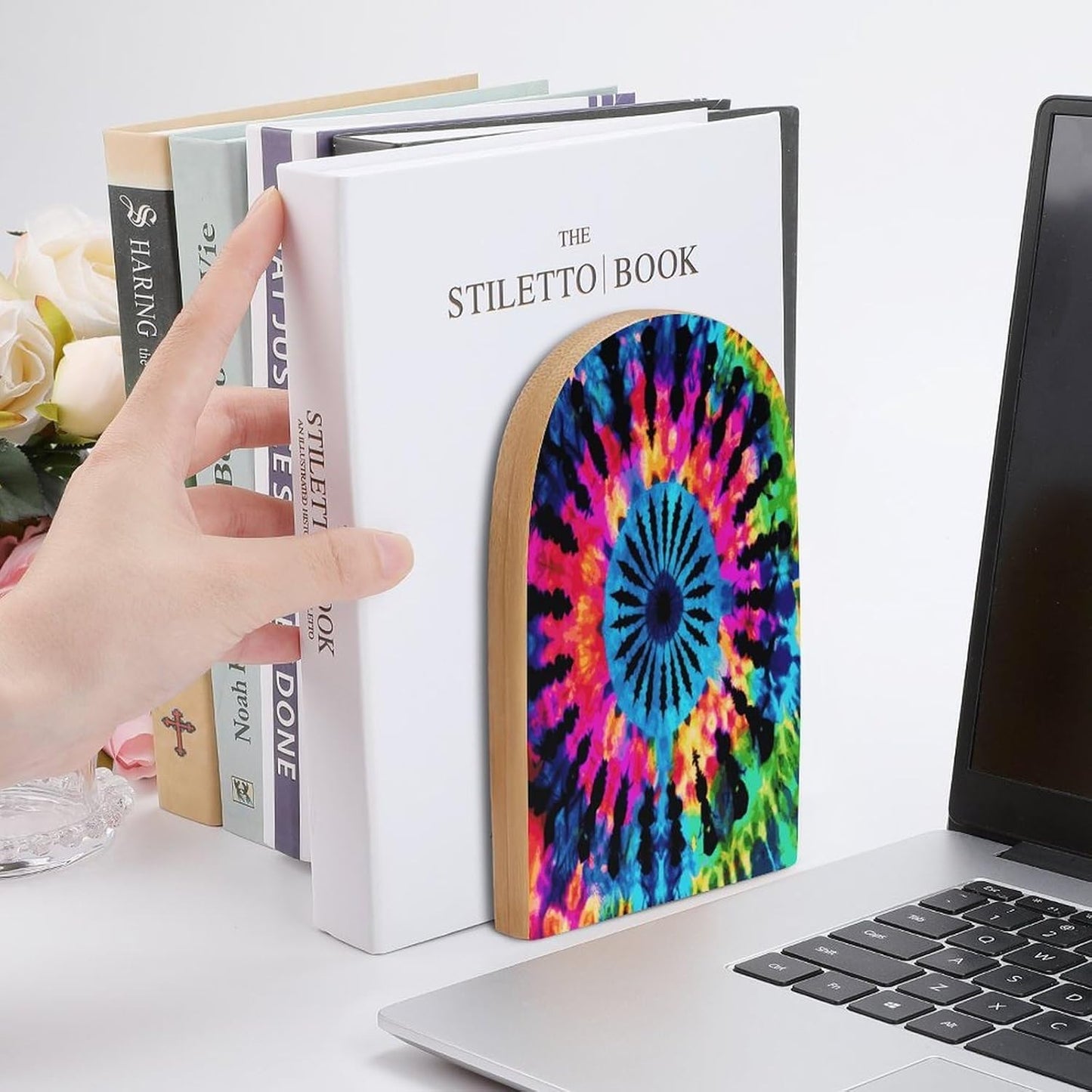 Non-Slip Bookend for Shelves Exotic Tribe Tie Dye Style Wooden Bookends with Metal Base Decorative Book Stopper for Home Heavy Duty Wood Book Storage for Books/CDs