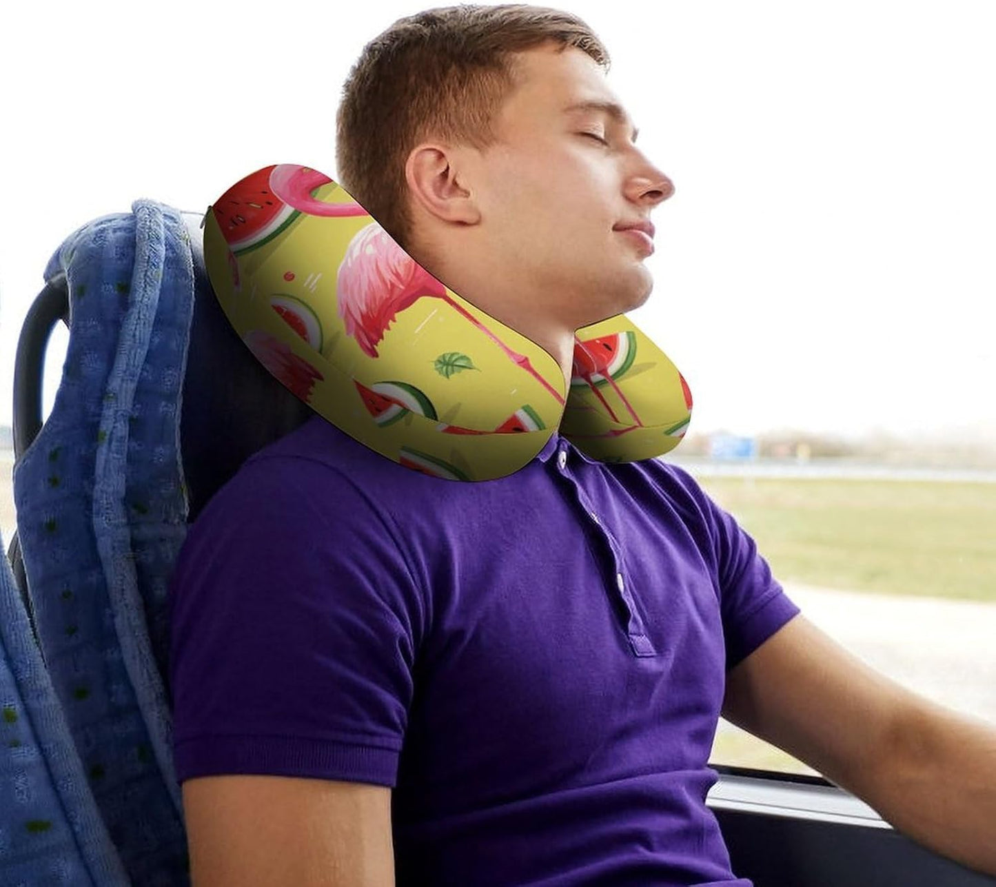 Pink Flamingo and Watermelon Neck Pillow Memory Foam U Shaped Pillows Portable Pillows for Shoulder Travel Head Support Pillow with Concealed Zipper for Airplane Car Home Office