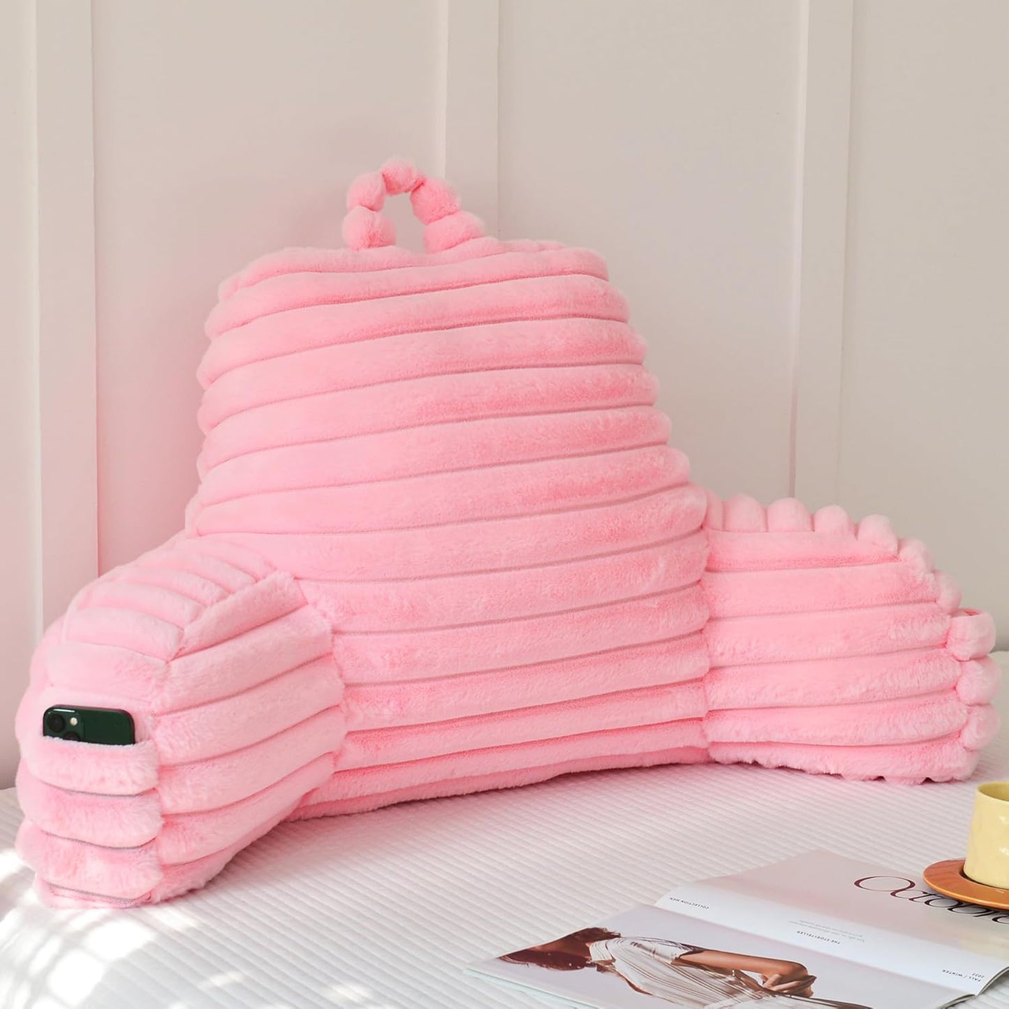 Yaoshuho Large Reading Pillow for Adults, Back Support Pillow for Sitting Up in Bed with Arms, Couch for Lounging Bedrest, Pink