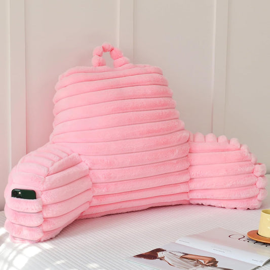 Yaoshuho Large Reading Pillow for Adults, Back Support Pillow for Sitting Up in Bed with Arms, Couch for Lounging Bedrest, Pink