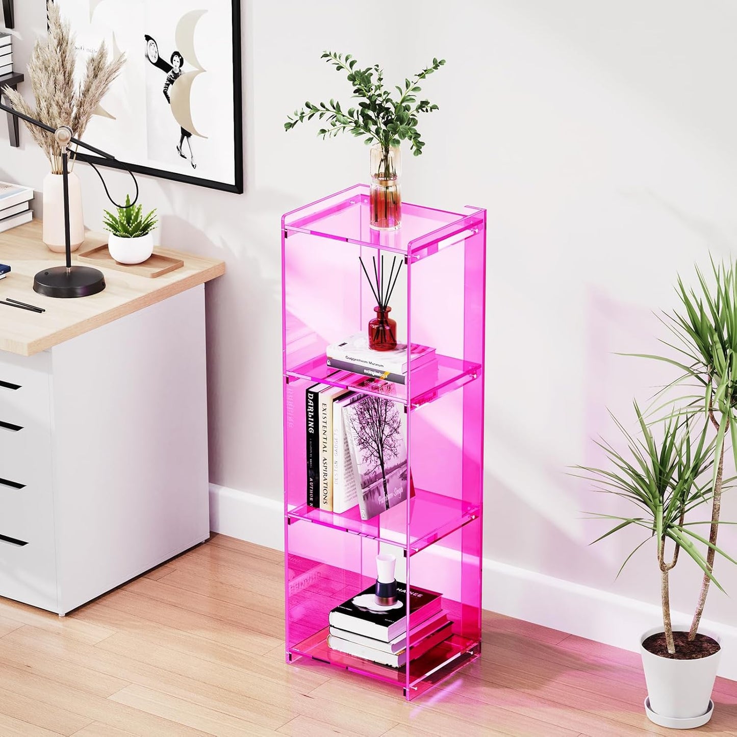 Acrylic Bookcase Small Narrow Shelf Bookshelf Corner Bookshelf Freestanding Tall Skinny Storage Organizer Rack, for Living Room, Kitchen, Bedroom 43.3" H (Pink)