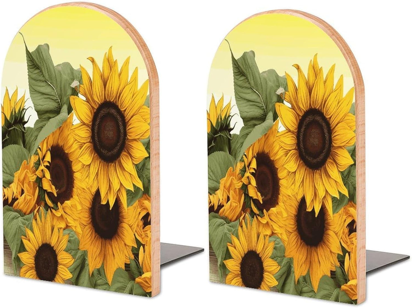 Sunflowers Floral Bookend for Shelves Wooden Book End Large Size Sturdy Book Holders Stoppers with Metal Base for Bookshelves Slick Decorative Bookends Stands