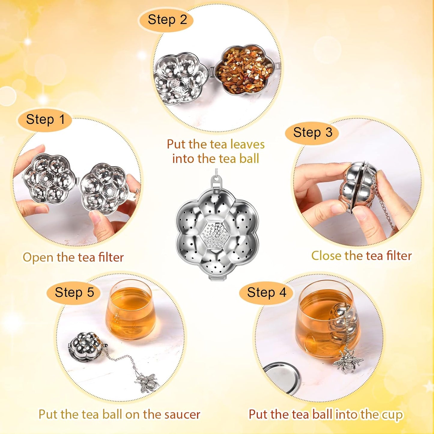 Cunhill 4 Sets Loose Tea Infusers Stainless Steel Teaballs Cute Tea Strainers Steeper Filters with Crystal Stone Pendants and Drip Tray Teacups Accessories(Funny Style)