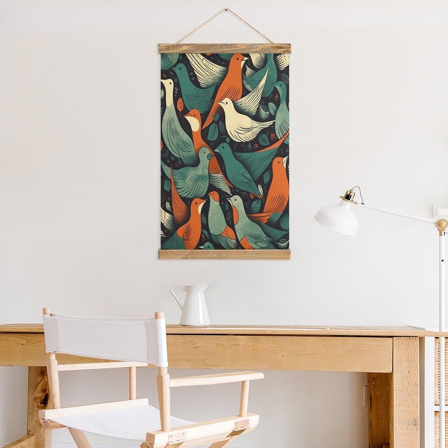 Vintage Flock of Birds Poster with Wooden Frame Personalized Linen Hanging Scroll Painting Rustic Wall Hanging Illustrative Modern Artwork Decor for Home Living Room Bedroom Office