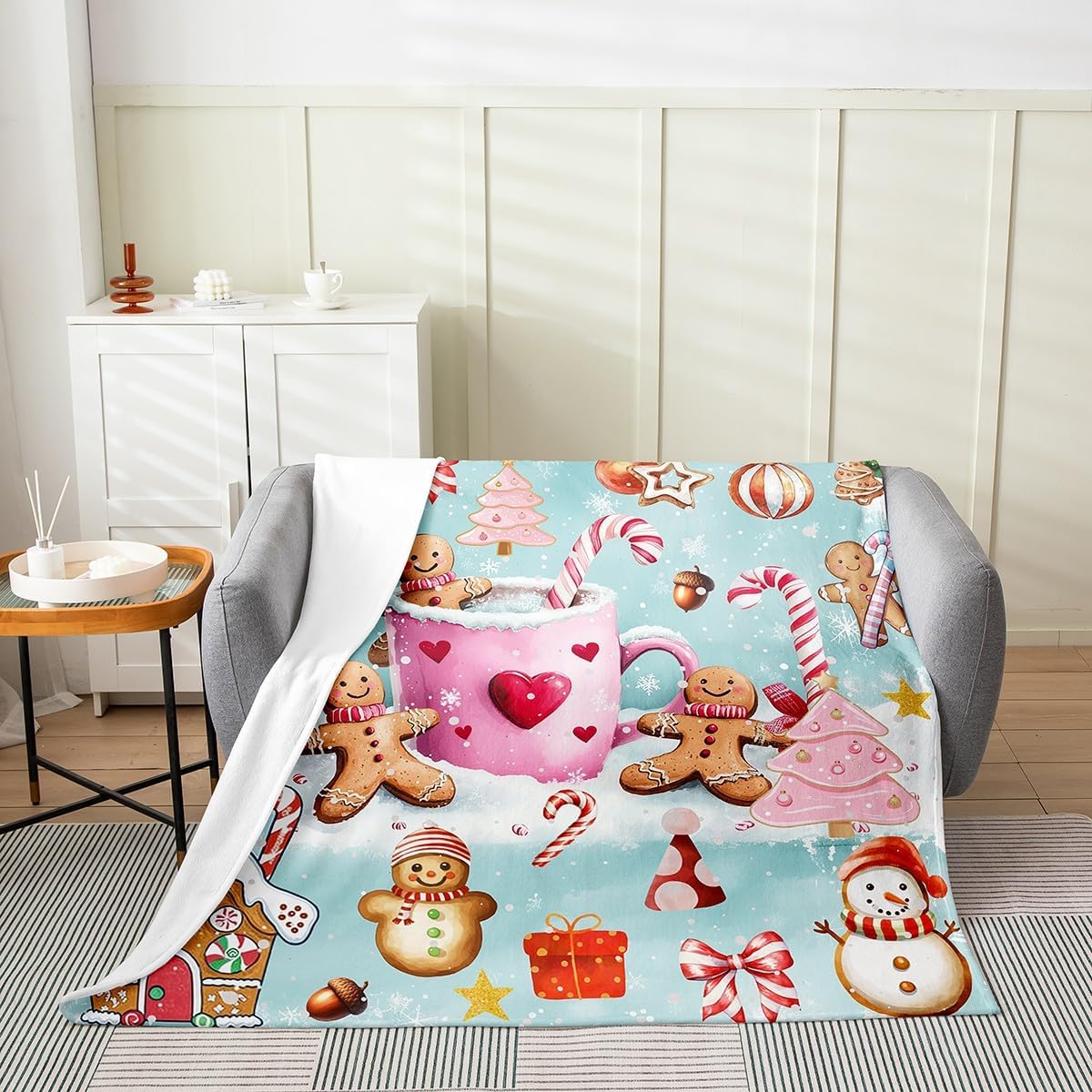 Cute Gingerbread Man Flannel Blanket for Adults,Winter Christmas Candy Coffee Gift Flannel Fleece Blanket Throw 50"x60",Kawaii Gingerbread House Winter Snow Bedroom Decor Bed Sofa Couch Blankets