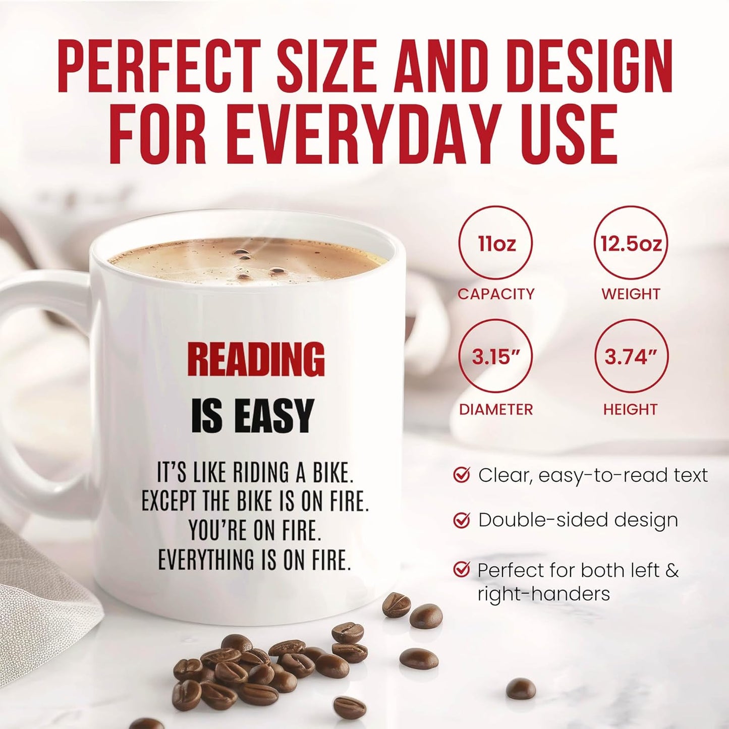 Reading Is Easy Mug - Bookworm Coffee Cup - Literature Lover Funny Gift From Friends - Reader Tea Mugs - Storytelling Cups - 11 Oz Ceramic Gifts For Bibliophiles, Birthday, Him, Her, Christmas, Book