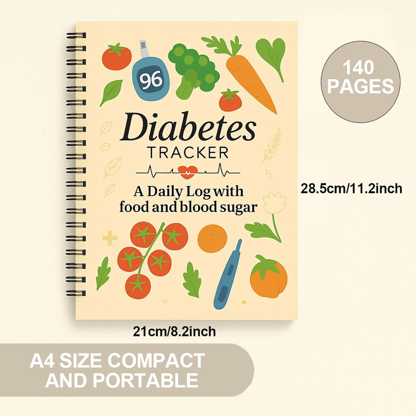 Diabetes Log Book for Blood Sugar, Glucose & Insulin Tracking – A4 Spiral Diabetic Journal with Food List, Daily Meal Planner, Carb & Calorie Tracker, Type 1 & Type 2 Diabetes Health Record Notebook