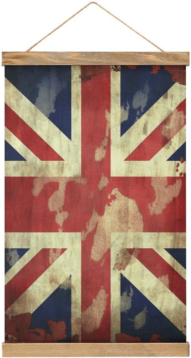Vintage Vintage Union Jack British Flag Poster with Wooden Frame Personalized Linen Hanging Scroll Painting Rustic Wall Hanging Illustrative Modern Artwork Decor for Home Living Room Bedroom Office