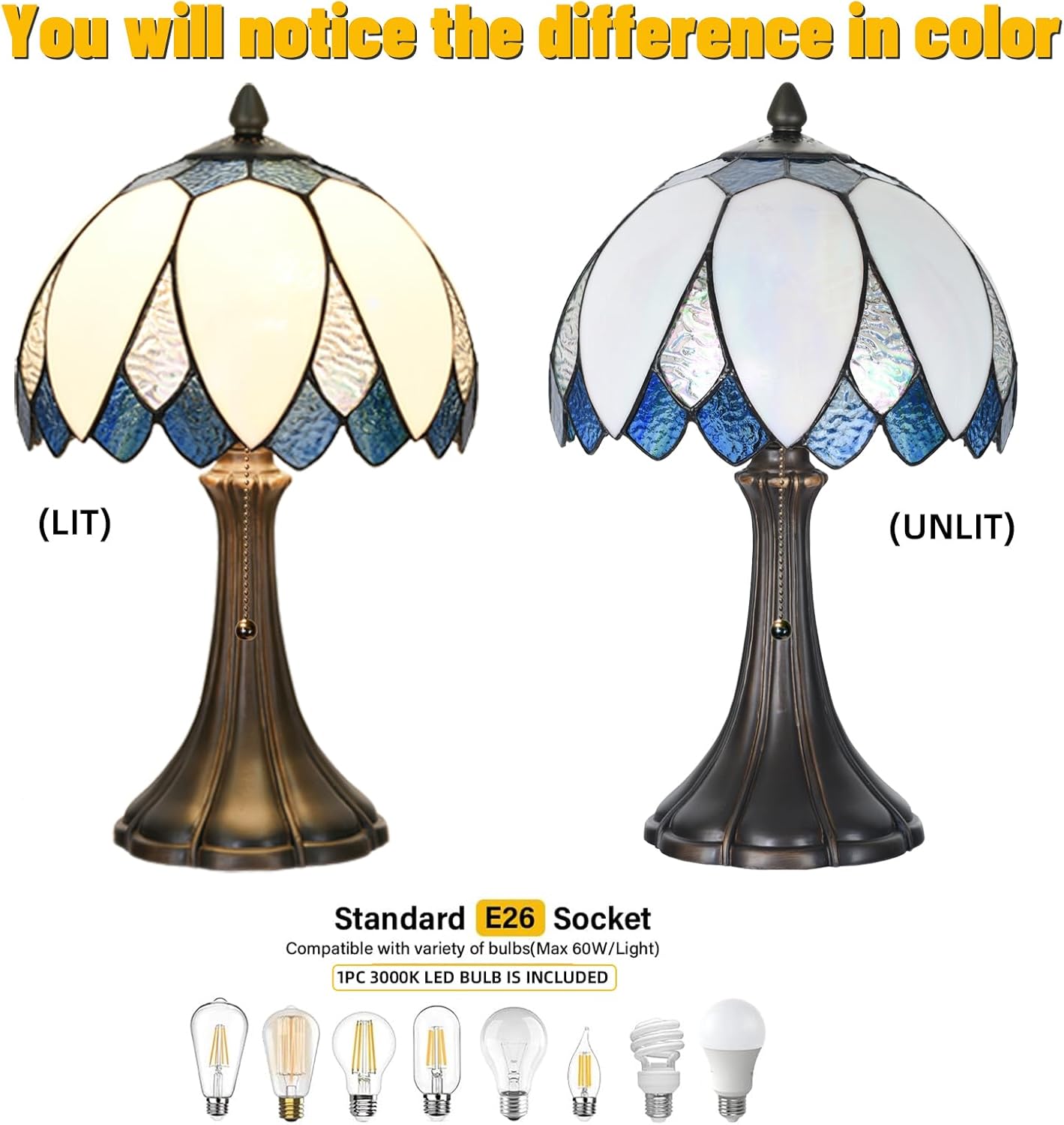 TL0014 Blue & White LotusTiffany Table Lamp Stained Glass Bedside Lamp Bending Glass Reading Desk Light 9.5 X 16.5 Inches for Bedroom Living Room Home Office (Blue &White)