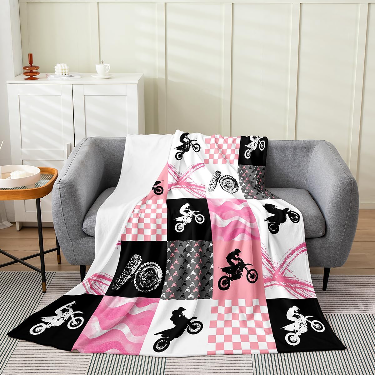 Erosebridal Dirt Bike Blanket Lightweight,Grunge Bike Track Patchwork Throw Blanket Bedroom Decor,Youth Motocross Fleece Flannel Ultra Warm,Gift for Girls,Pink White Grid Soft Soft,Throw