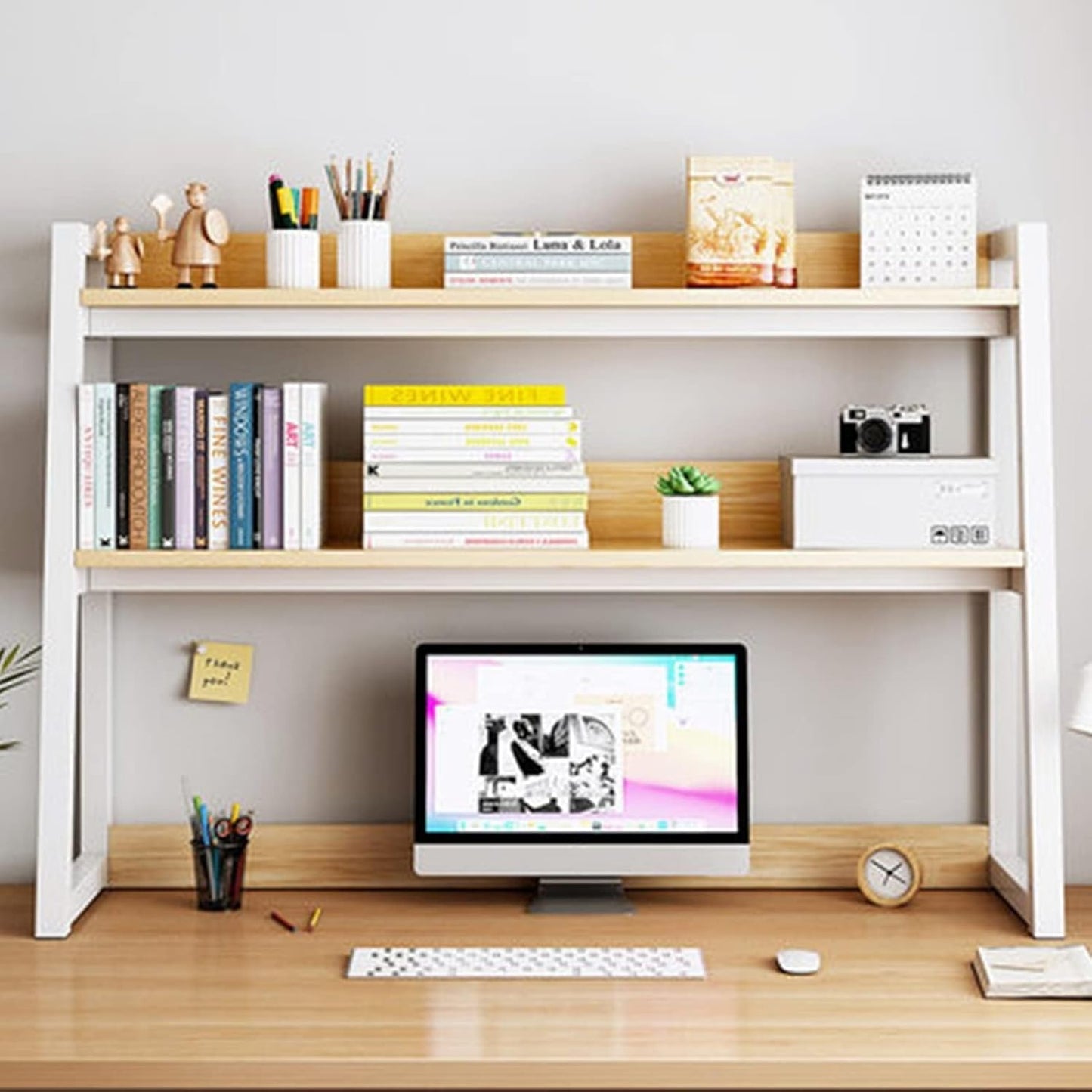 Metal Frame 2-Tier Countertop Hutch Bookcase Organizer – Desktop Bookshelf for Home Office Storage & Display Rack (Size: 95cm) – Modern Industrial Design