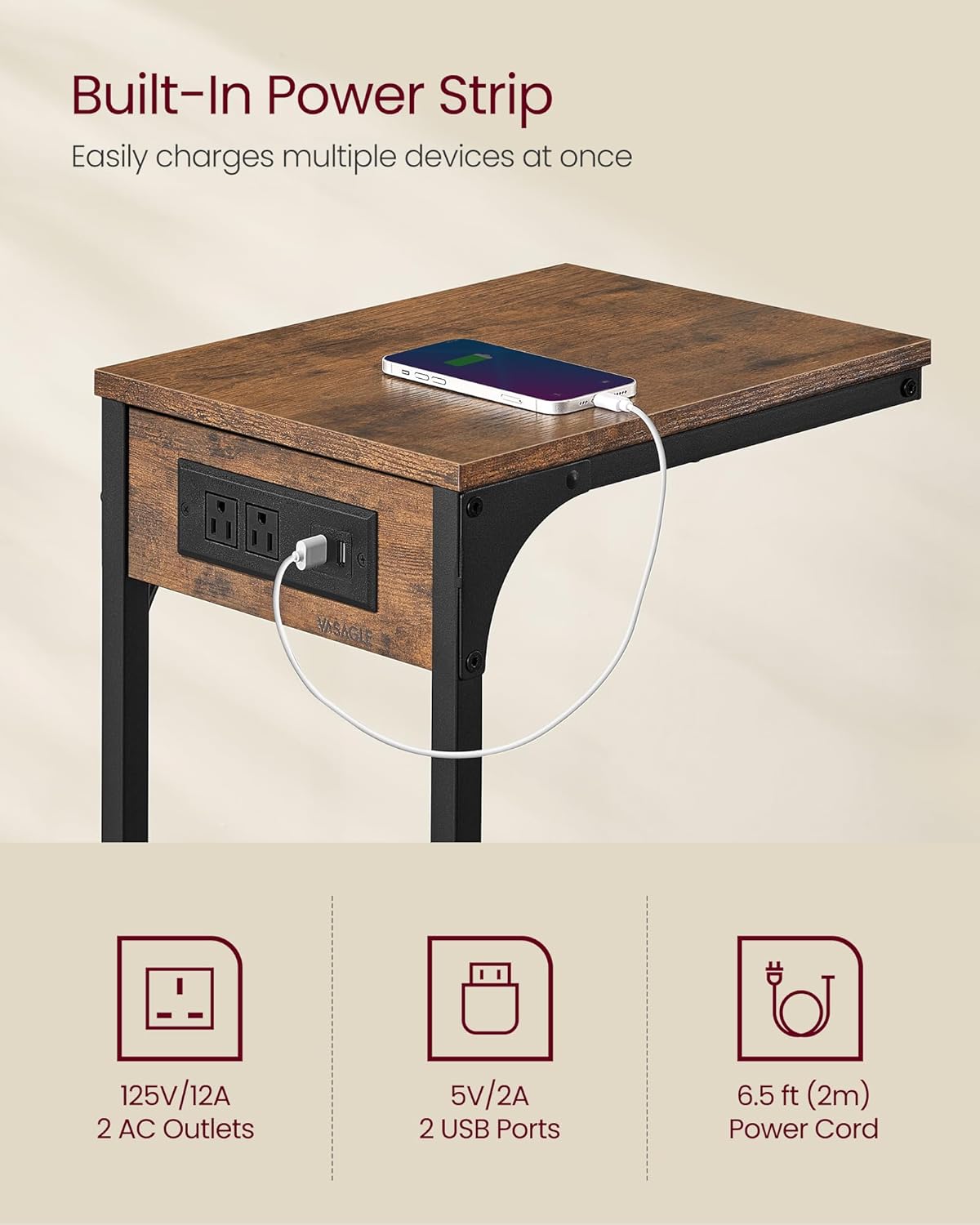VASAGLE C-Shaped Side Table, End Table with Charging Station, C Table for Couch, Sofa, Adjustable Feet, for Bedroom, Living Room, 2 USB Ports and Outlets, Rustic Brown ULET362K01