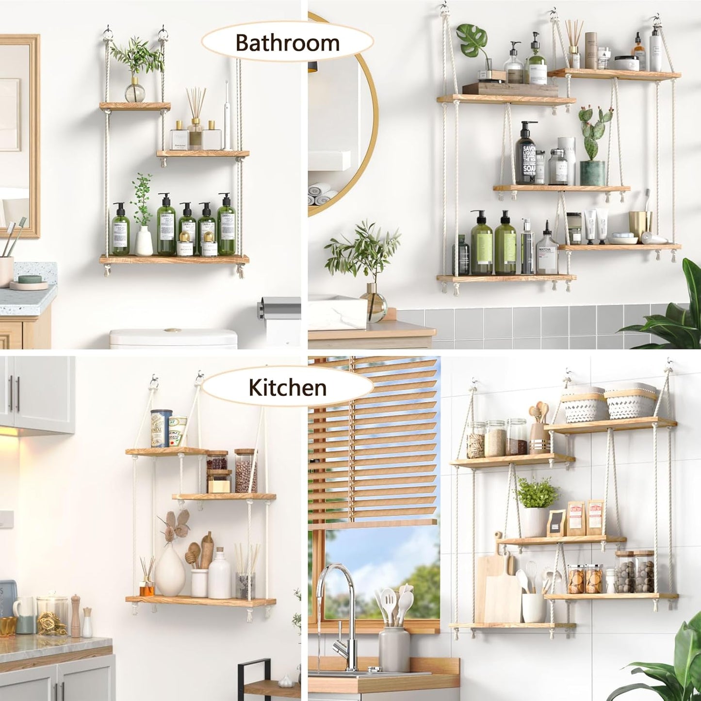 Hanging Shelves for Wall,Macrame Hanging Plant Shelf with Vine Lights 5 Tier Rope Floating Shelf Wood Organizer Storage Rack Boho Wall Decor Aesthetic for Succulents Bedroom Bathroom Kitchen