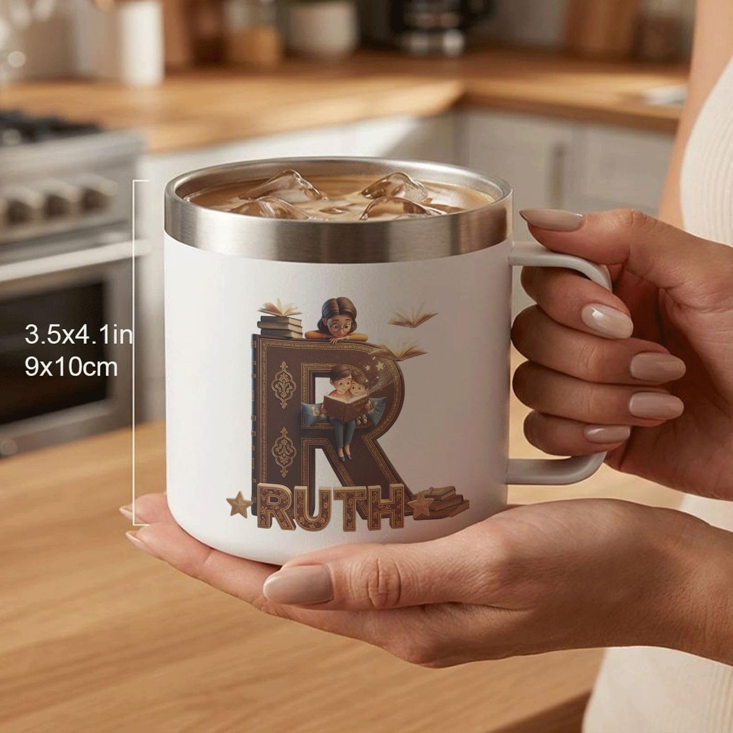 Personalized Ruth Gifts for Women Book Lovers - Initial R Monogram Coffee Mug with Lid and Handle, 14oz Insulated Stainless Steel Tumbler, Cute Book Themed Gifts for Readers, Her