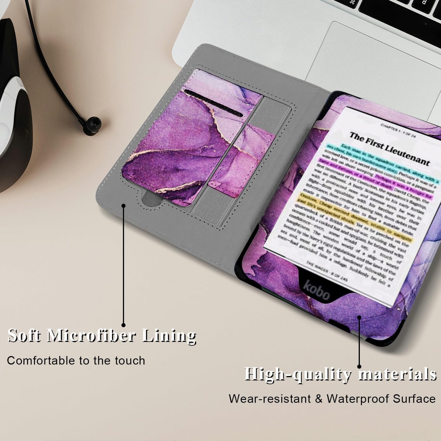 Stand Case for 6" Kobo Clara Colour/Clara BW (2024)/Clara 2E (2022)/Tolino Shine Color/Shine 5/Shine 4,Durable PU Leather Cover with Auto Sleep Wake, Card Slot, Hand Strap Feature,Marble Purple
