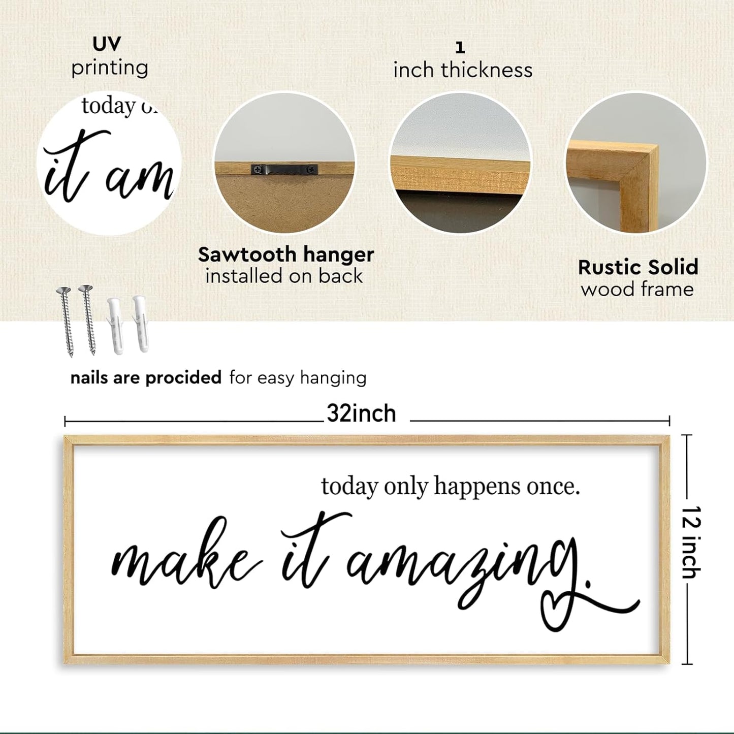YWJKWLGS Inspirational Quotes Wall Decor Today Only Happens Once Make It Amazing Signs Wall Art 32x12 Inch Large Motivational plaque for Home office kitchen Bedroom Wood Framed Hanging (Wood)