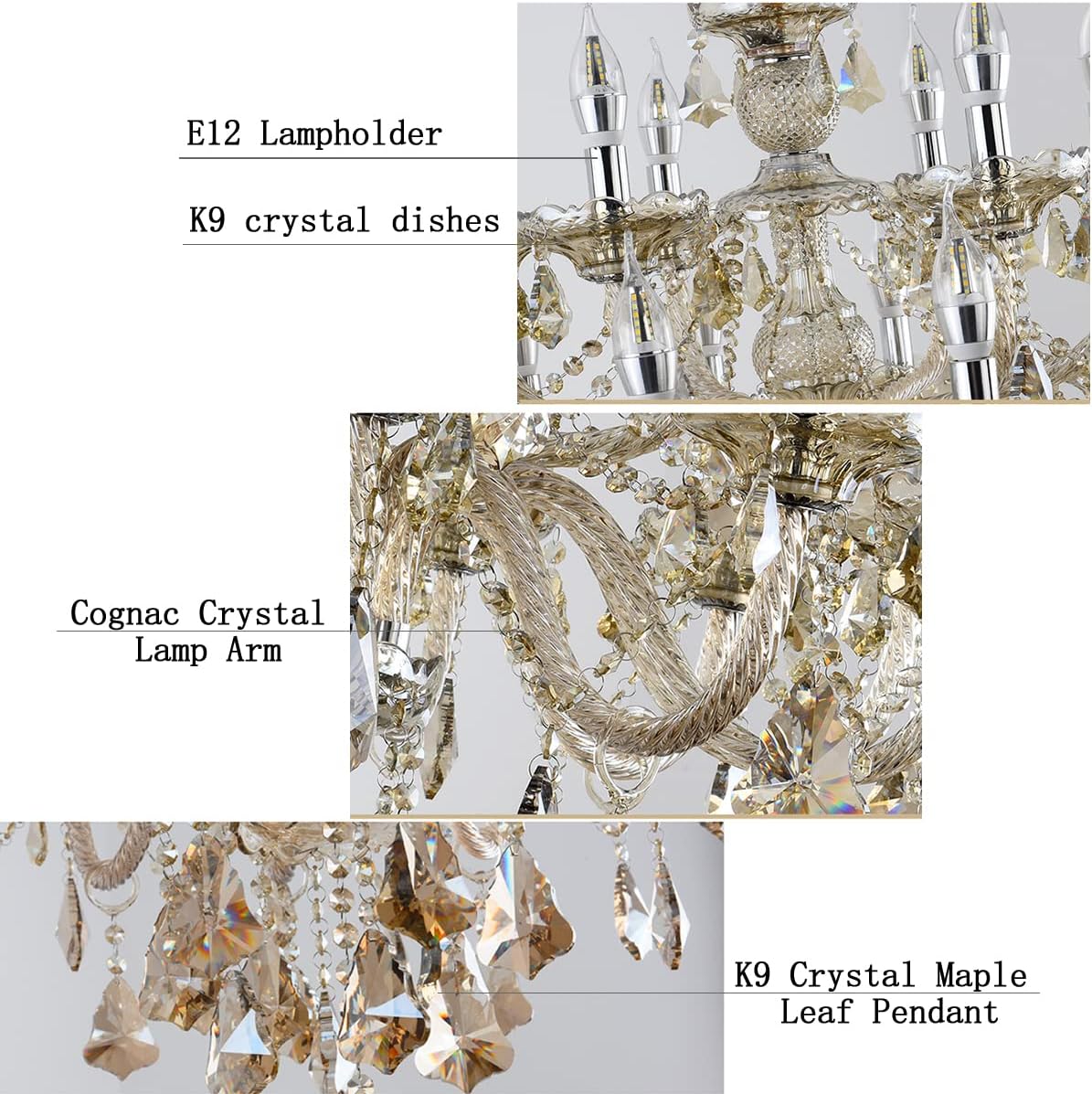 Cognac K9 Crystal Chandeliers Lighting Fixture 10 Lights, Modern Crystal Ceiling Lights, E12 Crystal Pendant Light Fixtures for Home Store Hallway (10 Lights)