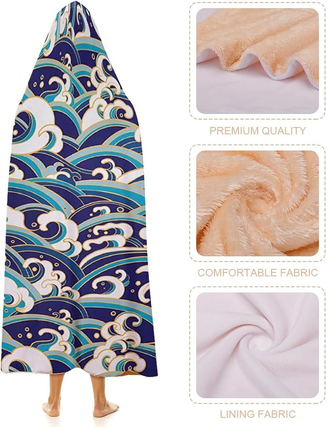 Throw Blankets, Nautical Women Men Hooded Blanket, Traditional Oriental Style Ocean Waves Pattern with, Soft Warm Cozy, 60 x 80inches, Studying Reading Snuggling Napping Office, Blue and White