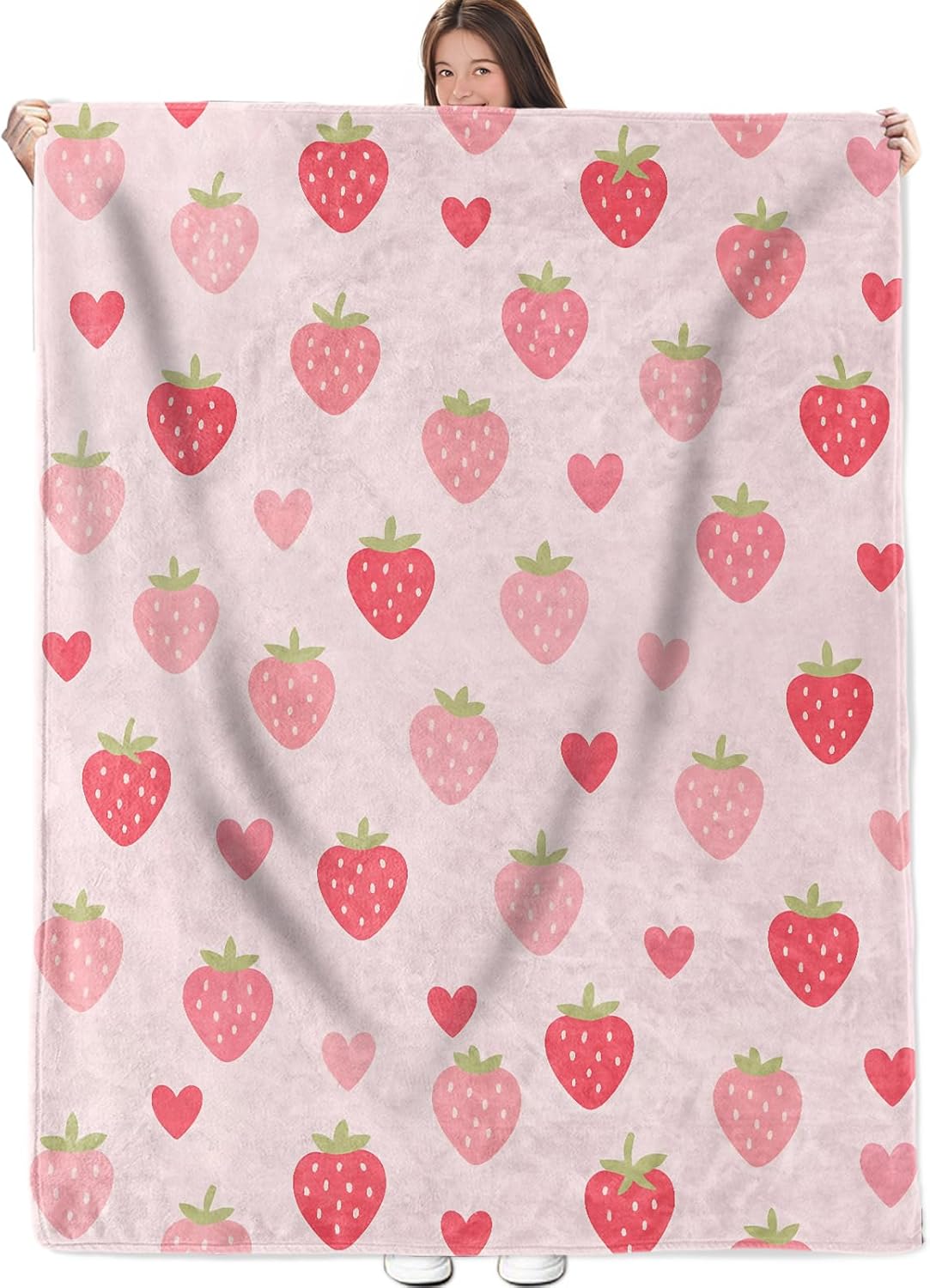 Cute Strawberry Blanket, Heart and Fruit Food Flannel Throw, Soft Cozy Lightweight Throws Blankets for Women Kids Girls, Cartoon Fresh Home Decor for Sofa Couch Bedroom Home, 60x50 Inch