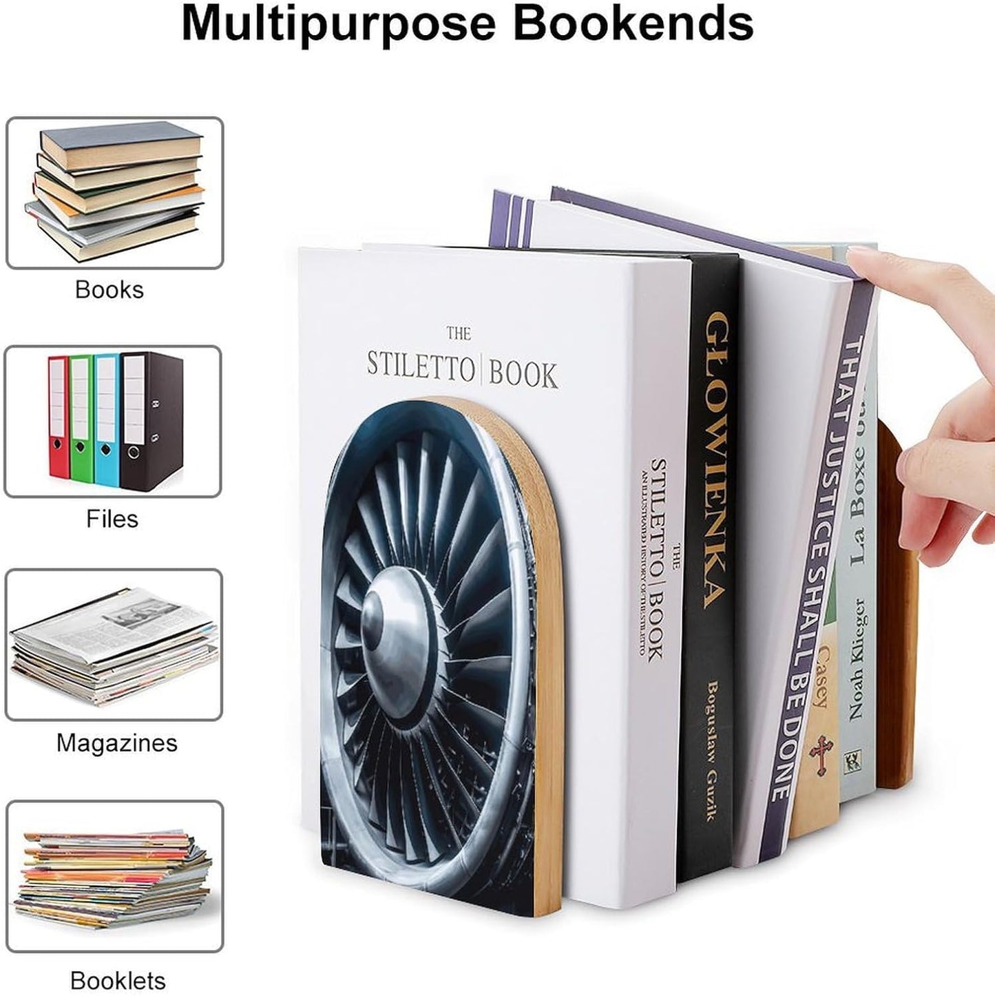 Jet Engine Bookend for Shelves Wooden Book End Large Size Sturdy Book Holders Stoppers with Metal Base for Bookshelves Slick Decorative Bookends Stands