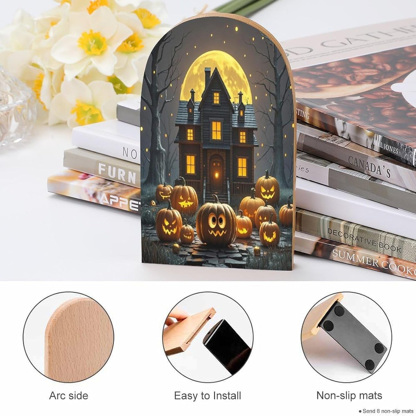 Halloween Night Bookends 1 Pair Heavy Duty Book Ends for Shelves Non-Skid Bookend Supports Wooden Book Holders with Metal Base Desk Organizers Books Storage to Hold Books