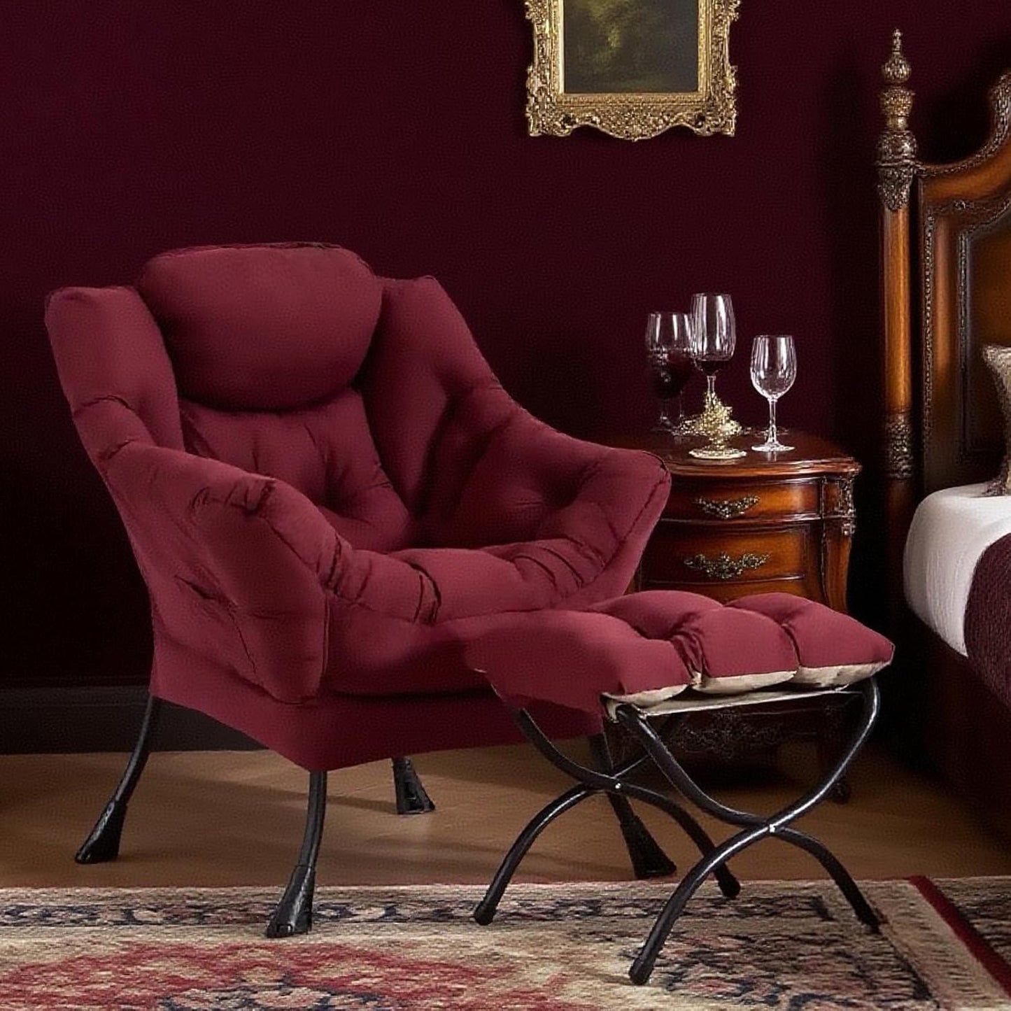 Tiita Lazy Chair with Ottoman, Red Modern Large Accent Chair, Comfy Leisure Sofa Armchair with Ottoman, Reading Chair with Footrest for Bedroom, Living Room, Dorm Rooms, Wine red