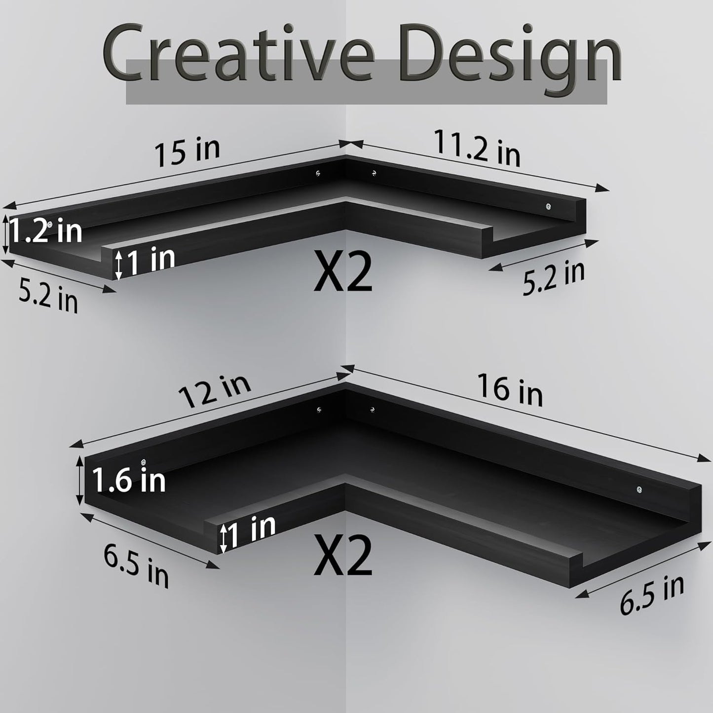 4-Tier L-Shaped Pine Wood Wall Shelf - Floating Corner Shelves with Lip, Black, Modern, Living Room, Bedroom, Bathroom Storage