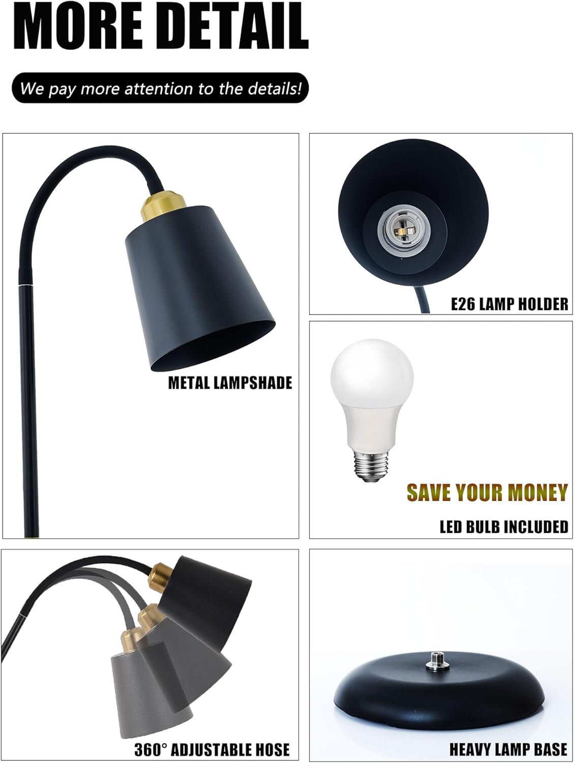 AoMck Floor Reading Lamp, Industrial Standing Lamps for Living Room with Adjustable Bendable, 2 in 1 Reading Table Lamps for Living Room Bedroom Office, 12W LED Bulb Included (Black Poles)