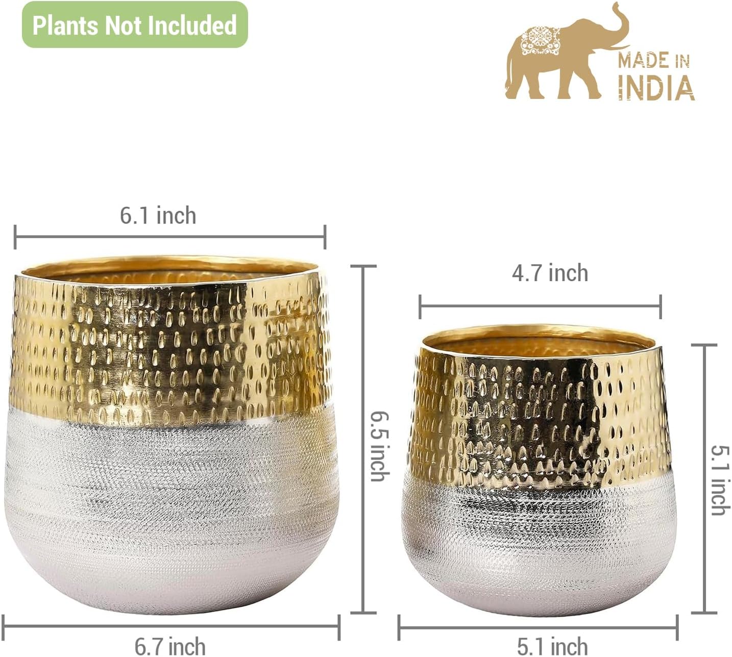 MyGift Round Two-Toned Indoor Planter Pot, Hammered Brass and Milled Embossed Silver Tone Metal Planter Vase, Set of 2 - Handcrafted in India