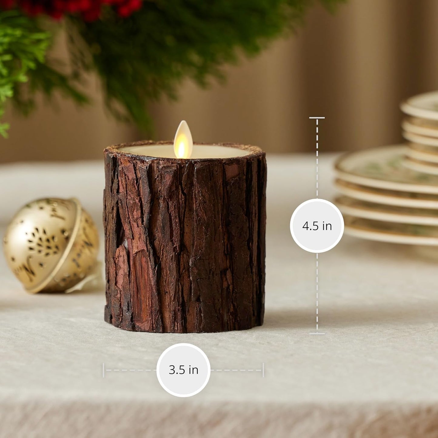 Luminara Real Bark Flameless LED Candle, Ivory 3.5" x 4.5", Moving Flame Battery Operated with Timer, Realistic Wax Pillar for Home Decor, Indoor Safe