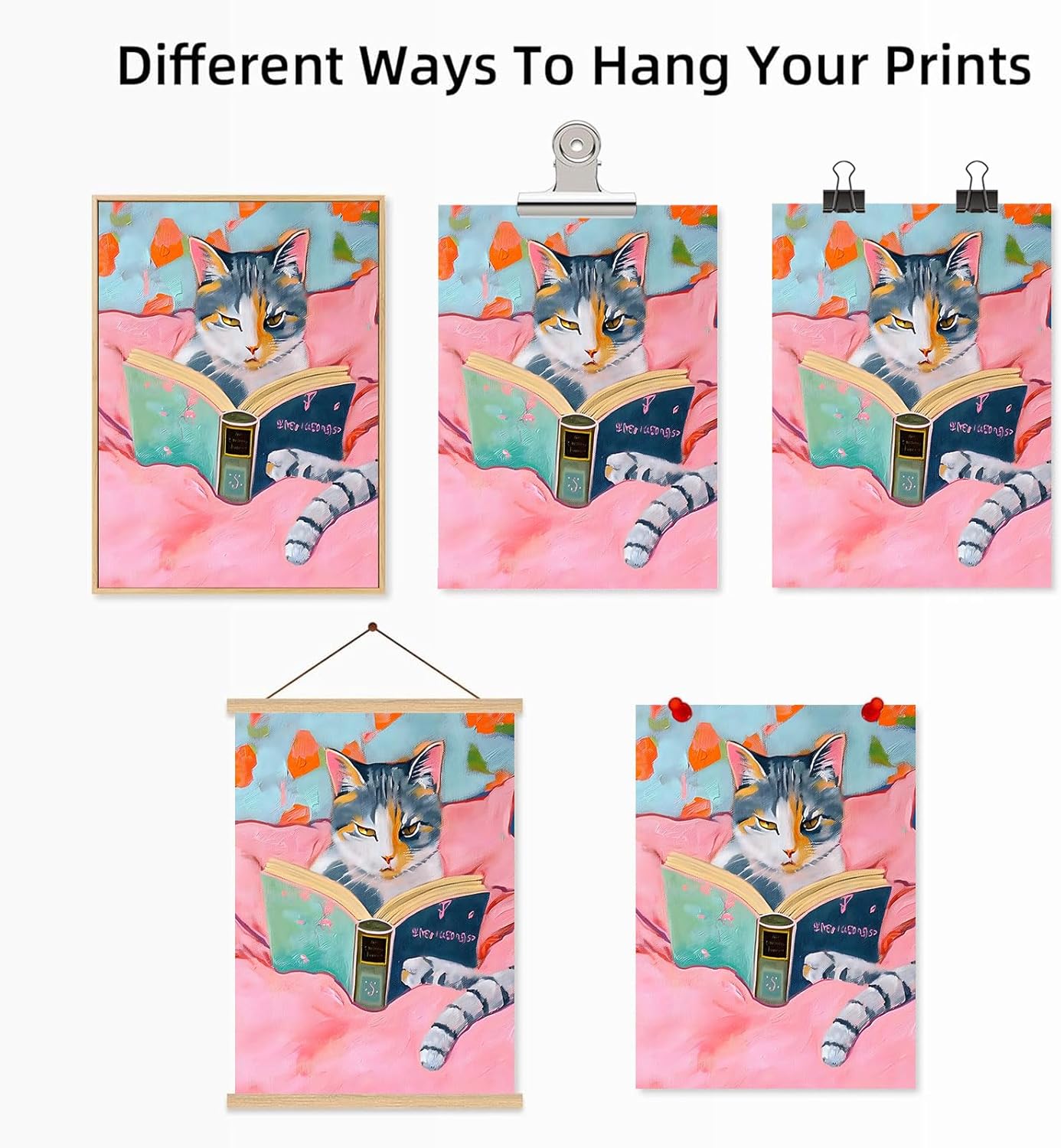 Cat Reading Book Picture Cute Cat Posters Vintage Cats Reading Books Canvas Wall Art Aesthetic Animal Print Pink Funny Animal Poster Pop Wall Art Cat Preppy Black Cat Wall Art 16x24inchx3pcs No Frame
