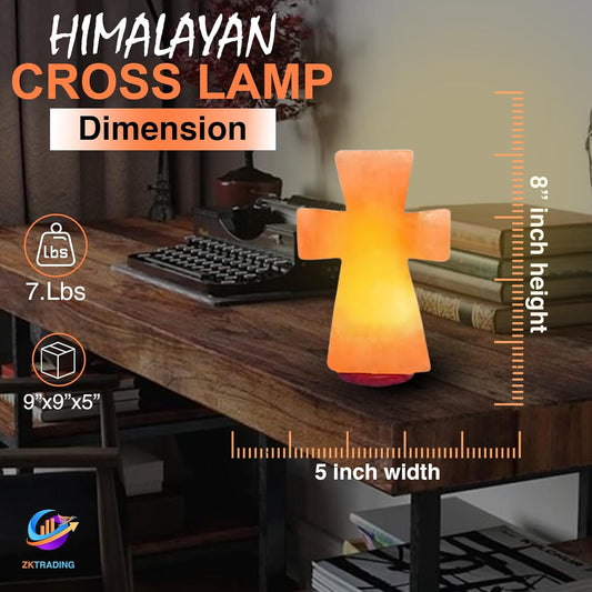 Himalayan Salt Cross Lamp – 8" Tall, 5" Wide, 7 lbs – Handcrafted Pink Salt Lamp Night Light with Wooden Base – Decorative Gift for Prayer Room, Bedroom, or Living Space