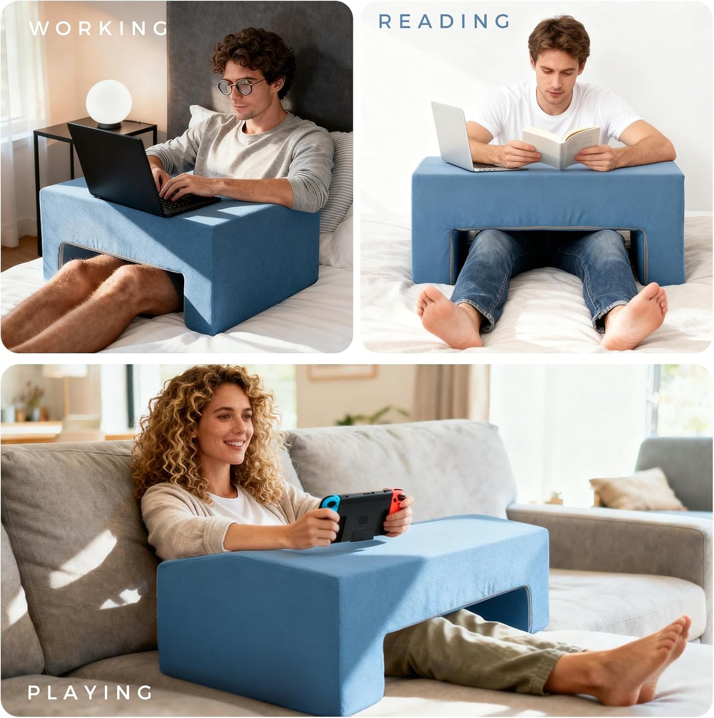 Reading Pillow for Gaming Lap Desk Pillow for Laptop Memory Foam Bed Desk for Reading Working Crocheting Gaming Arm Rest on Bed/Sofa/Floor/Couch/Car (Blue)