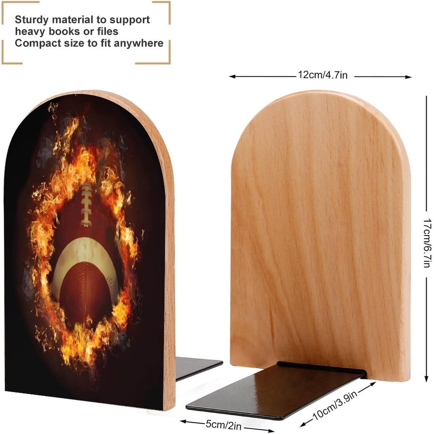 Flaming American Football Wooden Bookend Non-Slip Book Ends Heavy Duty Book Stopper with Metal Base Books Holderd Decorative Bookends Stands Firmly for Office Supplies