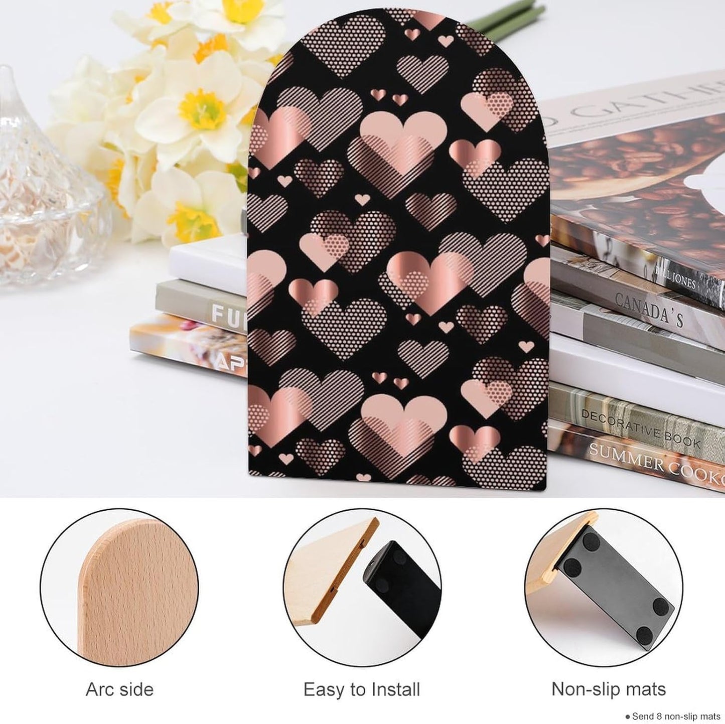 Rose Gold Love Heart Wooden Bookend Non-Slip Book Ends Heavy Duty Book Stopper with Metal Base Books Holderd Decorative Bookends Stands Firmly for Office Supplies