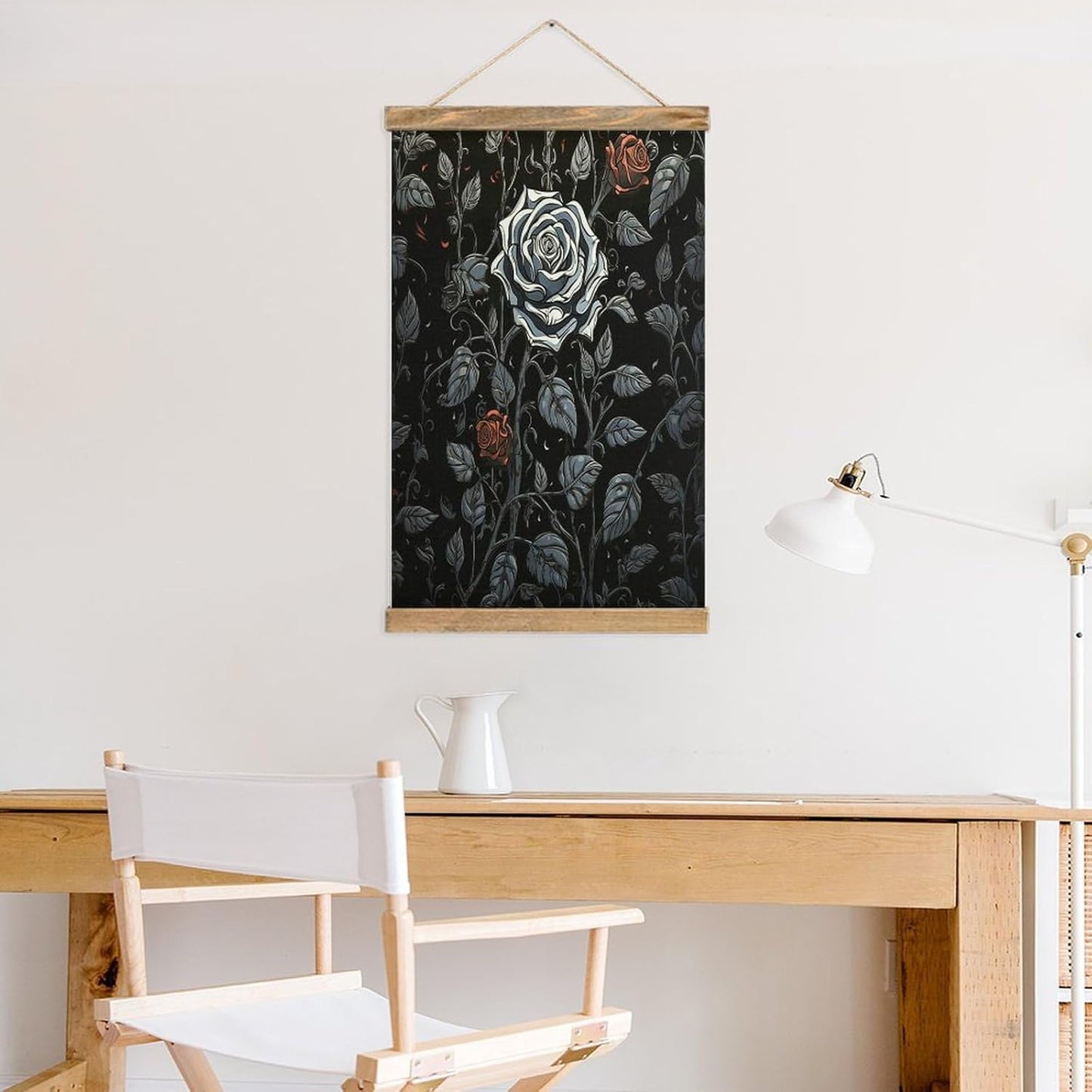 Vintage Rose Gothic Poster with Wooden Frame Personalized Linen Hanging Scroll Painting Rustic Wall Hanging Illustrative Modern Artwork Decor for Home Living Room Bedroom Office